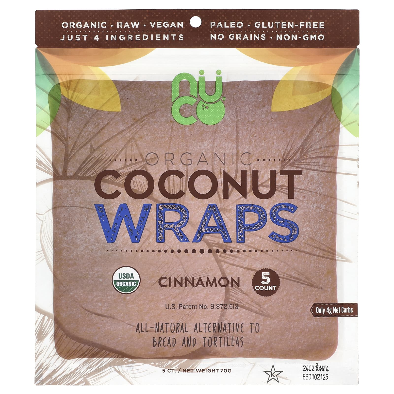 NUCO, Organic Coconut Wraps, Cinnamon, 5 Wraps, 14 g Each - Image 1