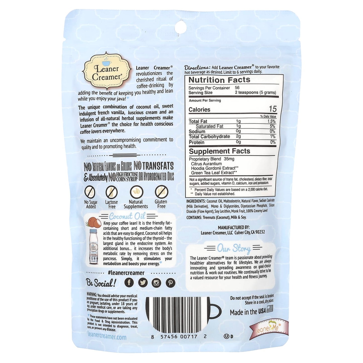 Leaner Creamer, Coconut Oil Coffee Creamer, French Vanilla, 9.87 oz (280 g) - Image 2