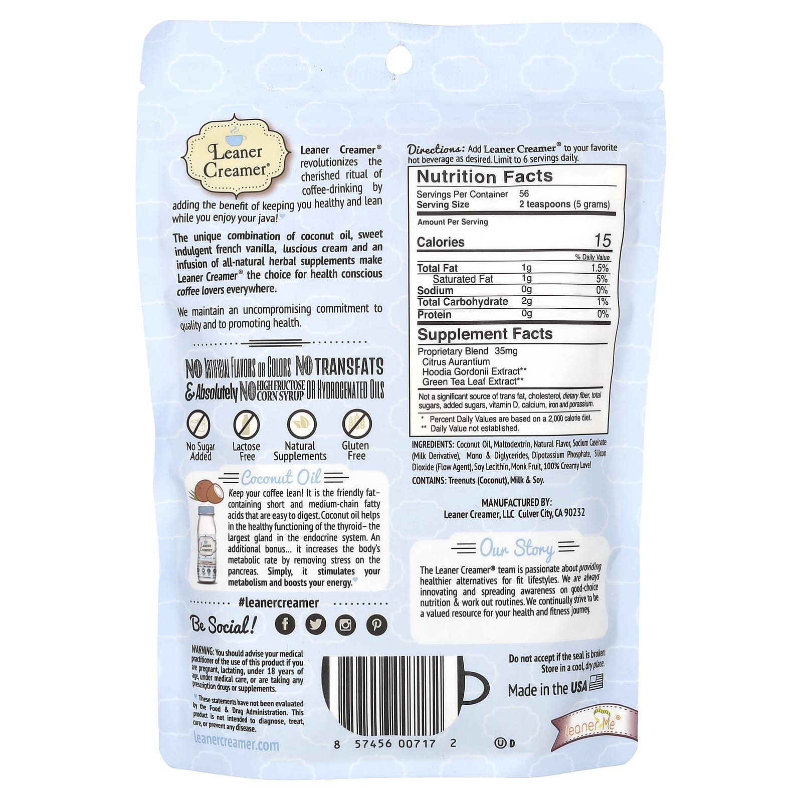 Leaner Creamer, Coconut Oil Coffee Creamer, French Vanilla, 9.87 oz (280 g) - Image 2