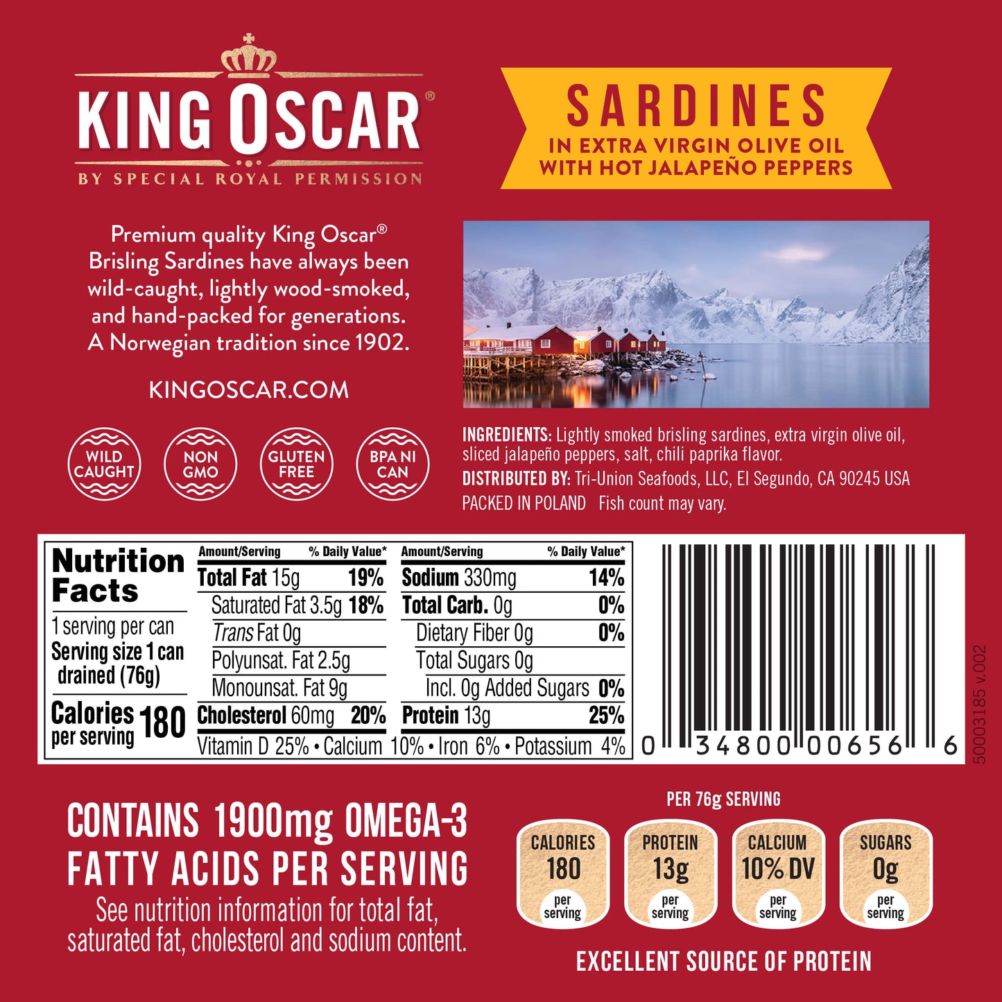 King Oscar, Wild Caught Sardine, In Extra Virgin Olive Oil with Hot Jalapeno Peppers, Hot, Two Layer, 3.75 oz (106 g) - Image 2