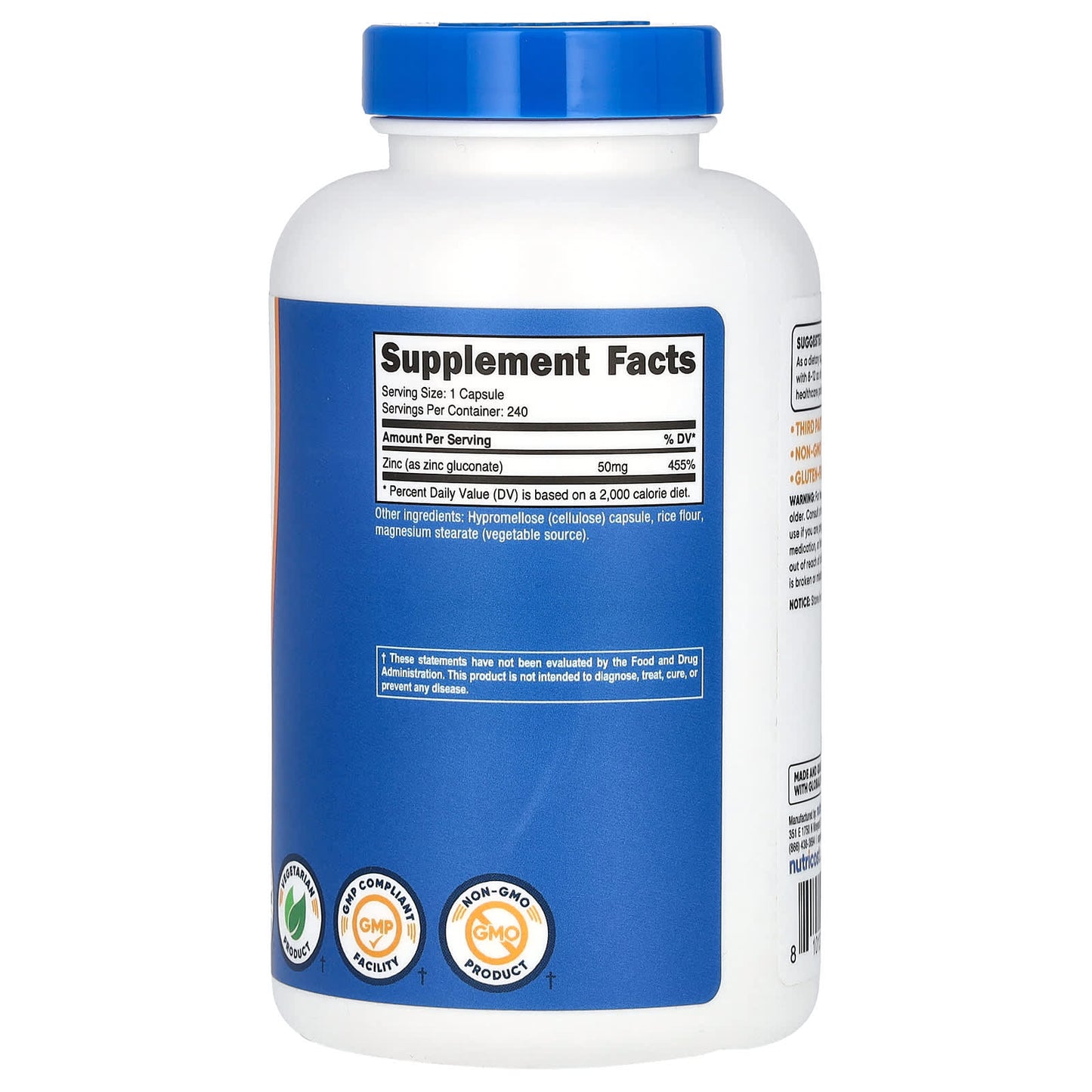 Nutricost, Zinc Gluconate, 50 mg, 240 Capsules - Image 2