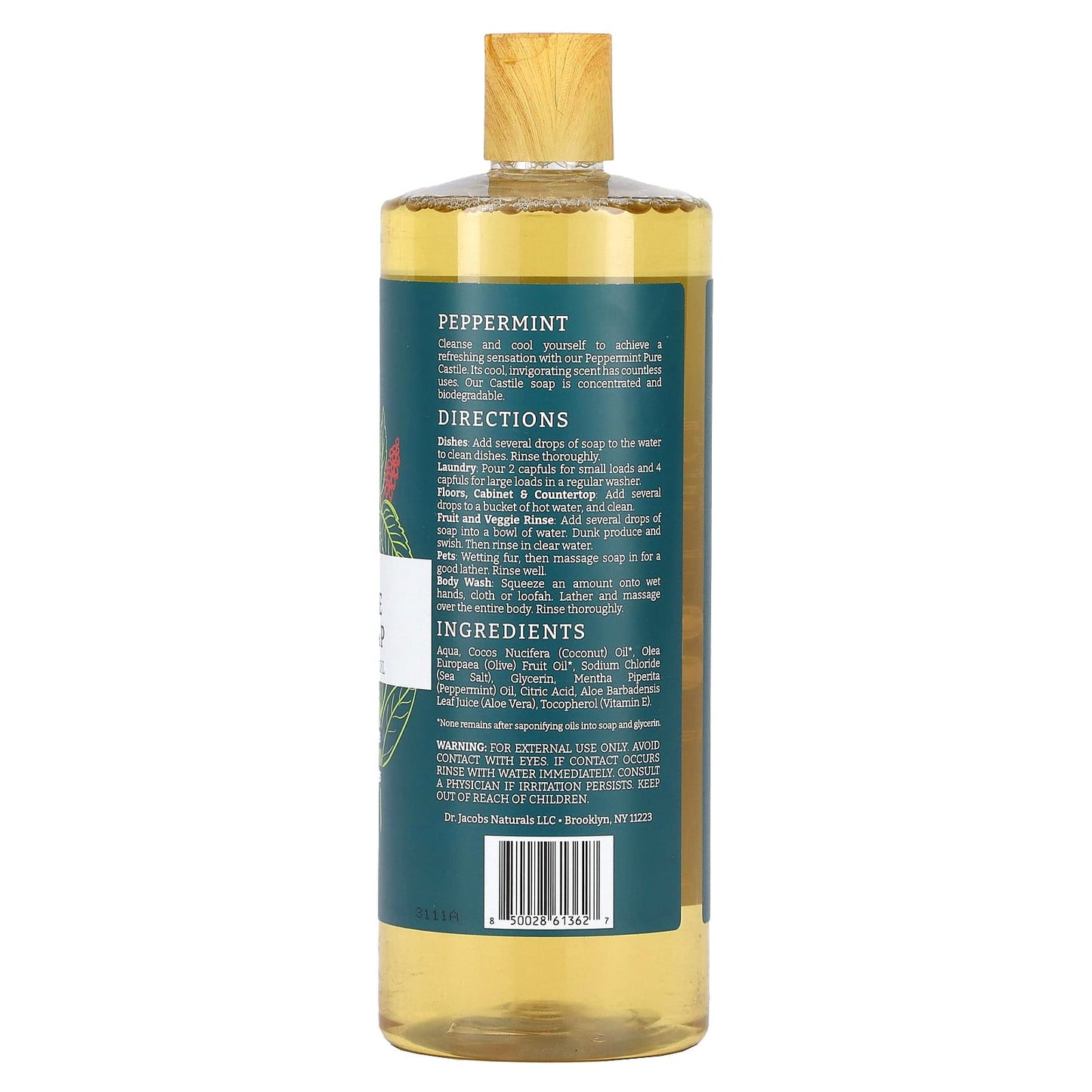 Plant-Based Peppermint Castile Soap, 32 oz, Non-GMO & Vegan - Image 2