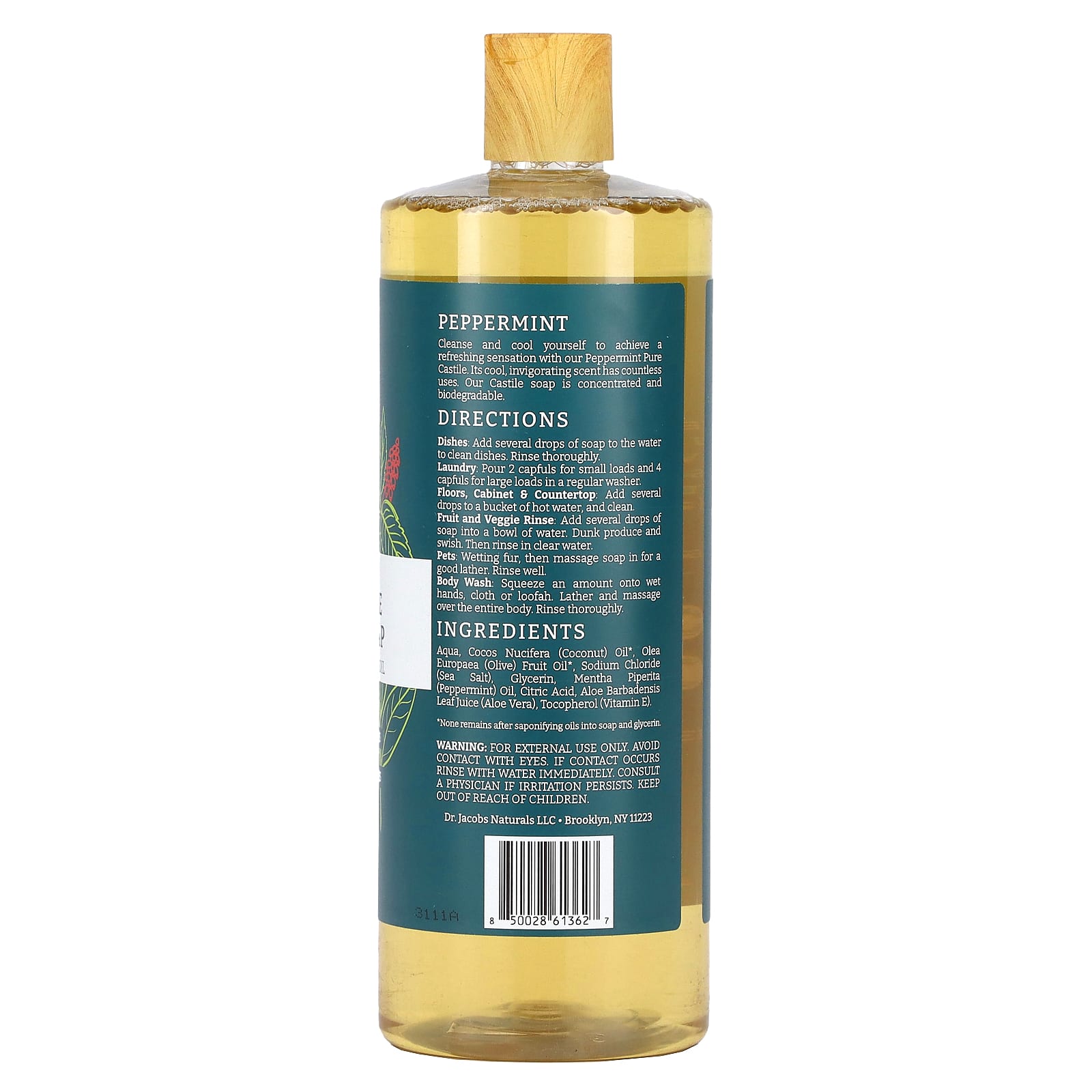 Plant-Based Peppermint Castile Soap, 32 oz, Non-GMO & Vegan - Image 2