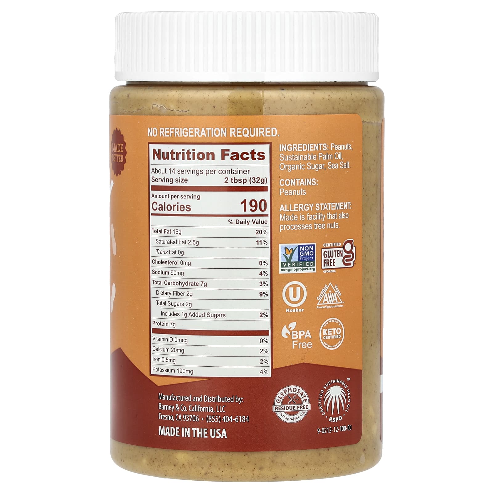 Barney Butter Crunchy Peanut Butter, 16 oz, Non-GMO, Vegan, Gluten-Free - Image 2