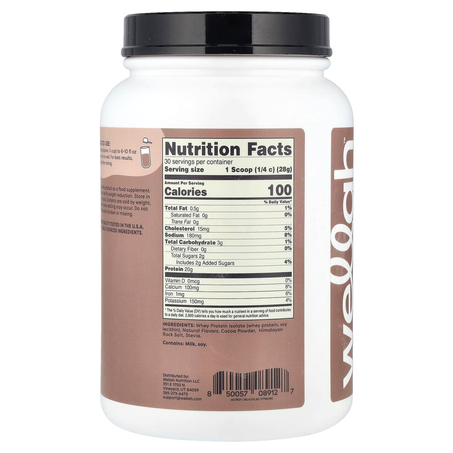 Wellah, Protein Your Whey, Whey Protein Isolate, Milk Chocolate, 1.9 lb (852 g) - Image 2
