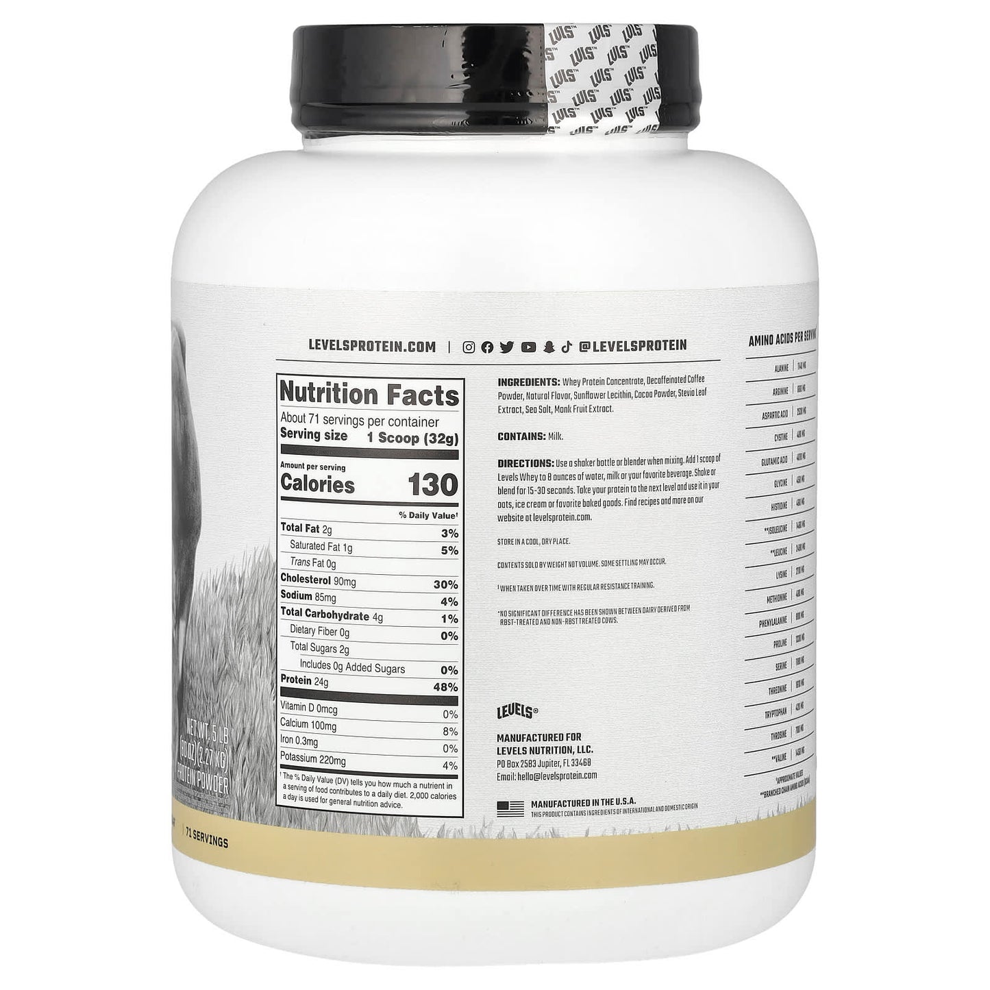 Levels, Grass Fed Whey Protein Powder, Cappuccino, 5 lb (2.27 kg) - Image 2