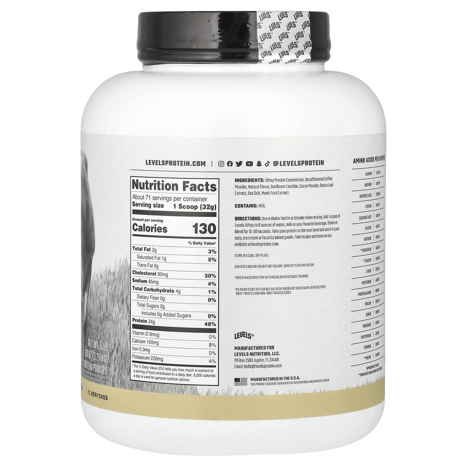 Levels, Grass Fed Whey Protein Powder, Cappuccino, 5 lb (2.27 kg) - Image 2