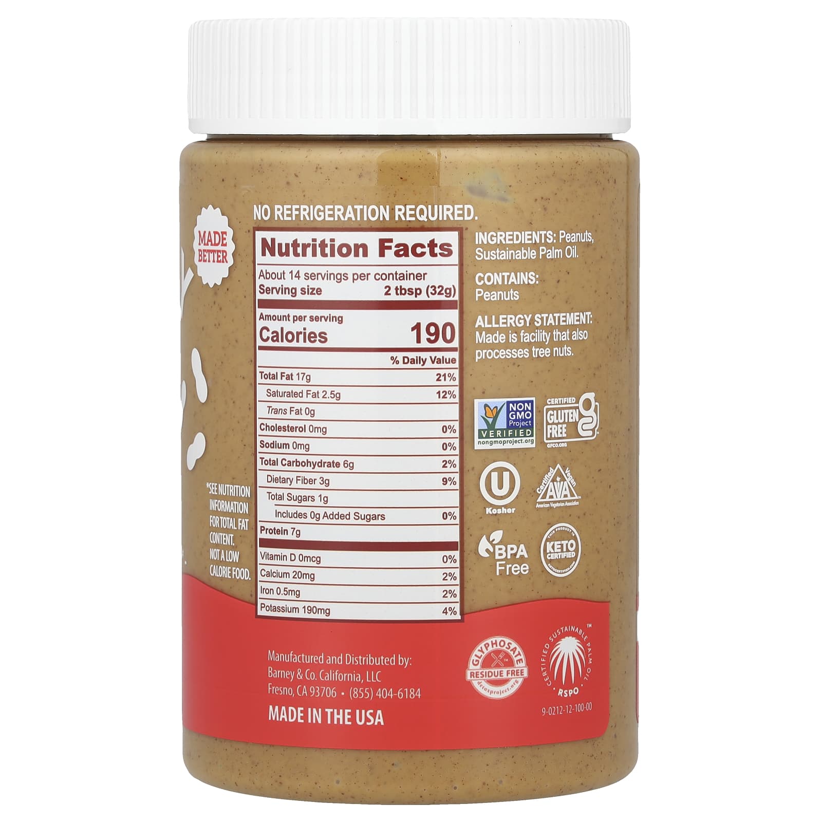 Barney Butter Bare Smooth Peanut Butter, 16 oz, Vegan & Keto Friendly - Image 2