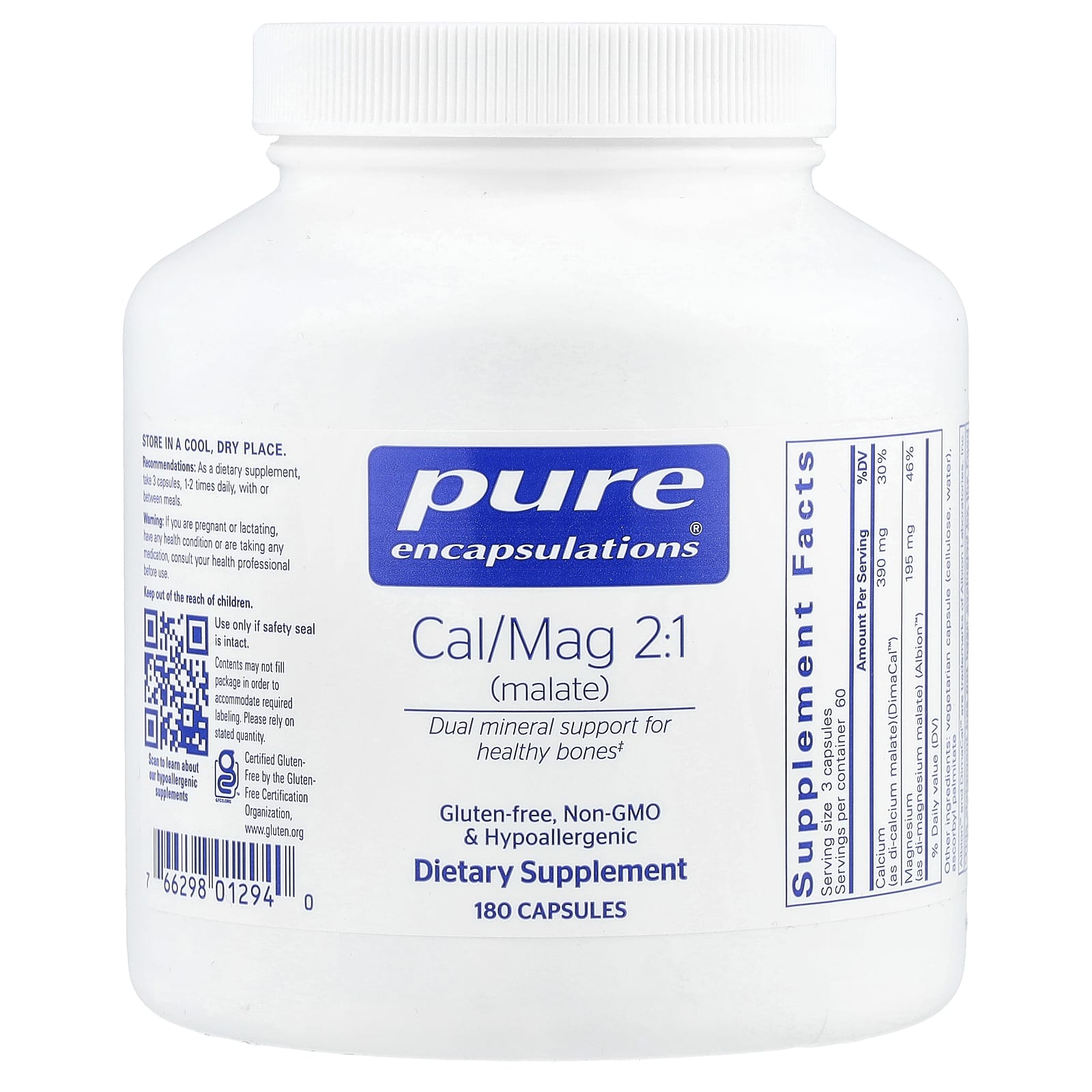 Pure Encapsulations, Cal/Mag 2:1 (Malate), 180 Capsules - Image 1