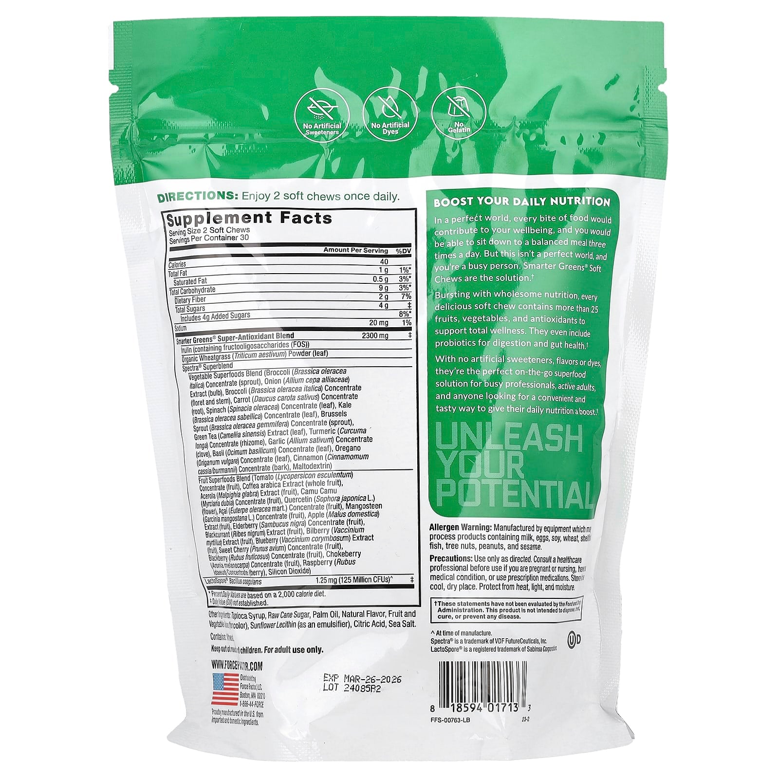 Force Factor Smarter Greens Summer Berry Superfood Soft Chews - Image 2