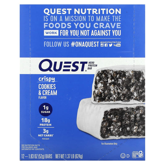 Quest Nutrition, Hero Protein Bar, Crispy Cookies & Cream, 12 Bars, 1.83 oz (52 g) Each - Image 1