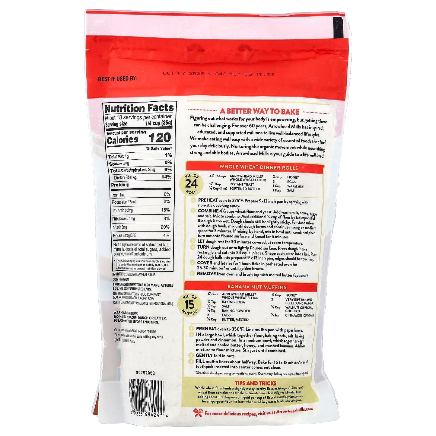 Organic Whole Wheat Flour, Stone Ground, 22 oz - Arrowhead Mills - Image 2
