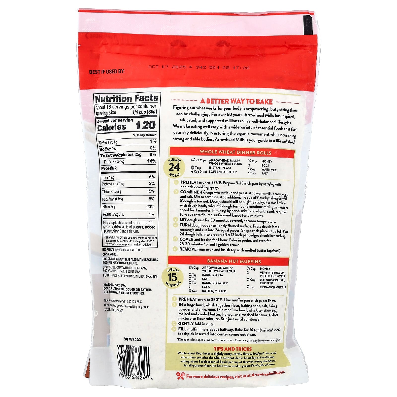 Organic Whole Wheat Flour, Stone Ground, 22 oz - Arrowhead Mills - Image 2