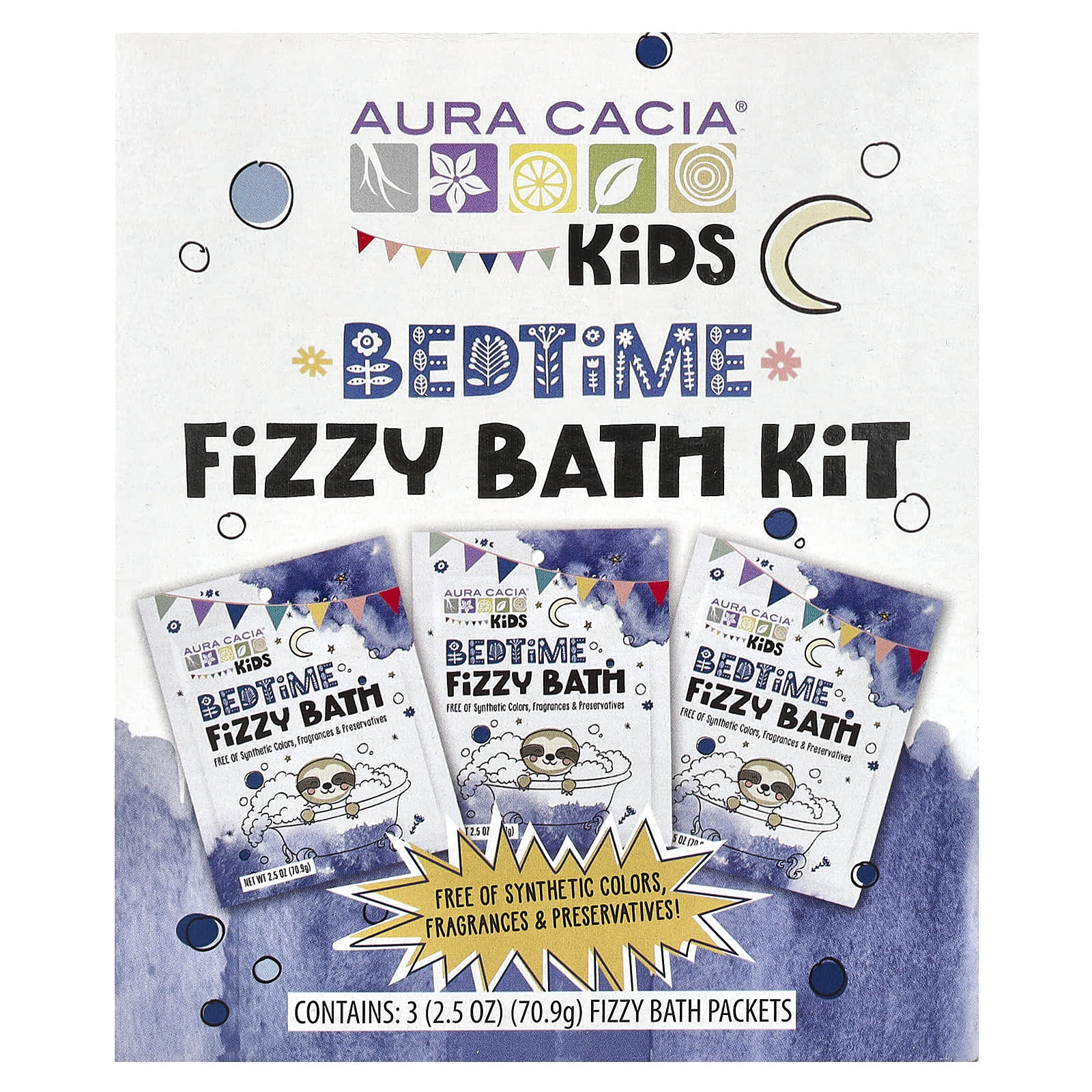 Aura Cacia Kids Fizzy Bath Kit, Bedtime, Paraben-Free, 3 Packets - Image 1