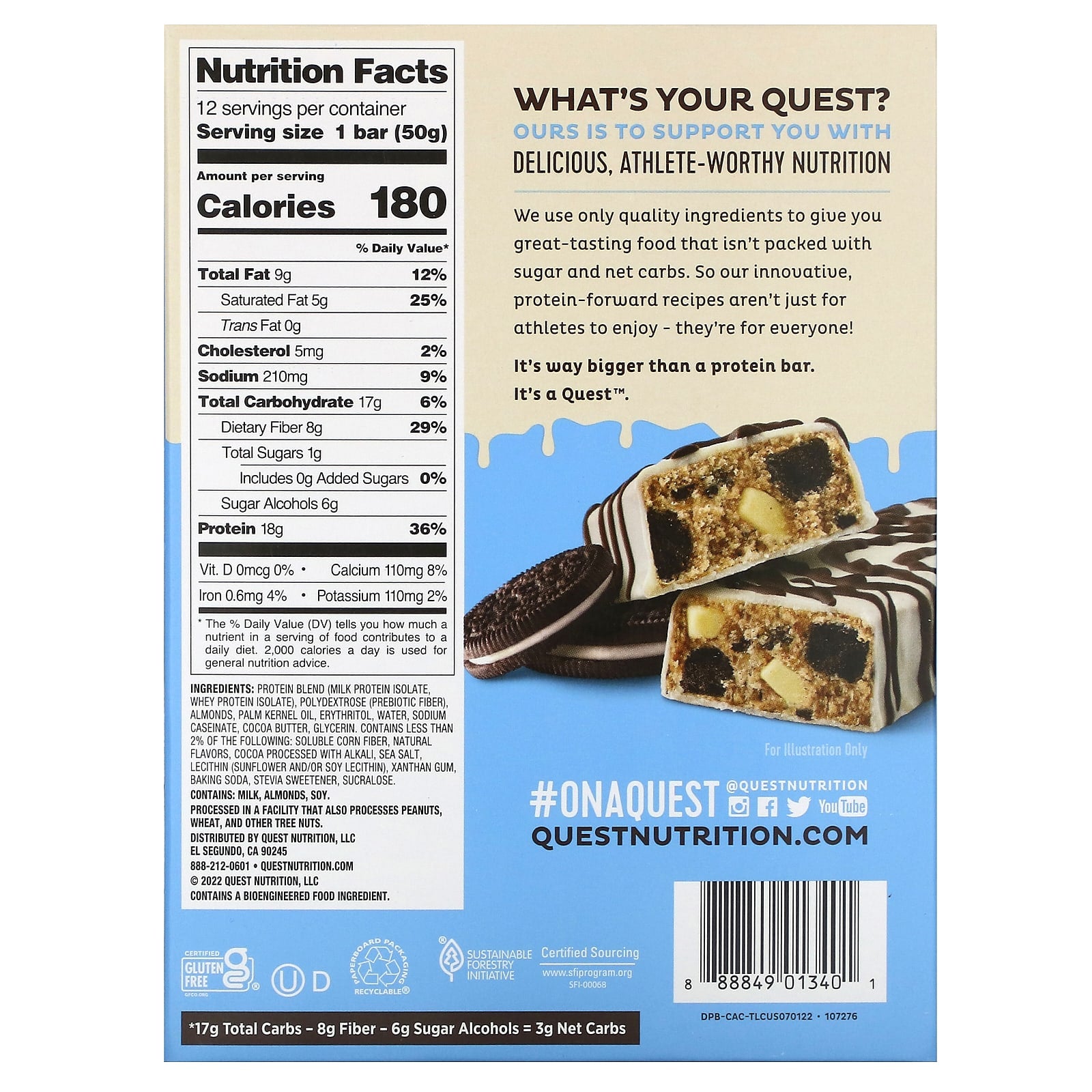 Quest Nutrition, Protein Bar, Dipped Cookies & Cream, 12 Bars, 1.76 oz (50 g) Each - Image 2