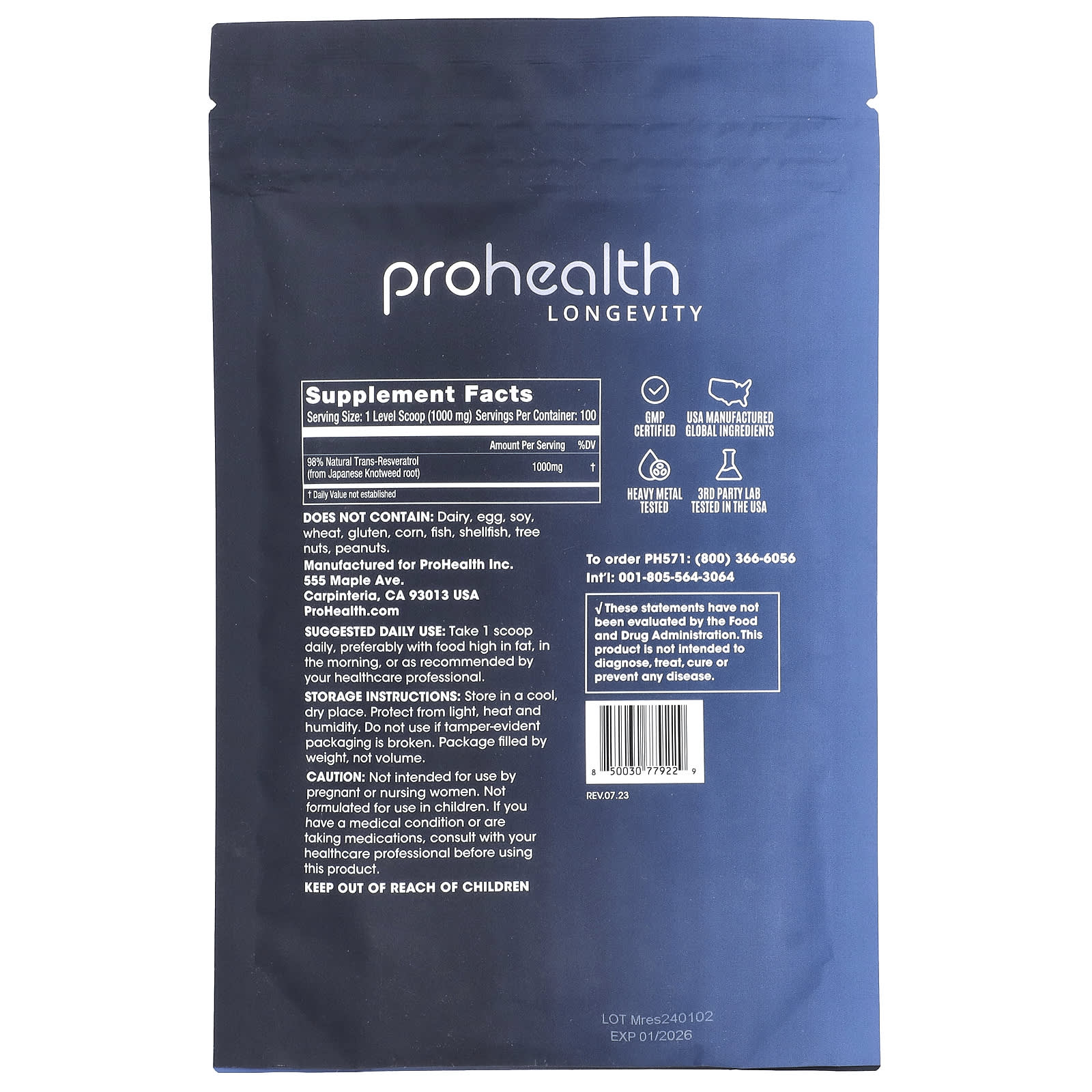 ProHealth Longevity, Trans-Resveratrol, Pure Micronized Powder, 100 g - Image 2