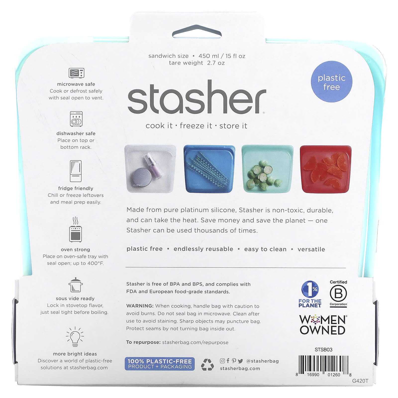Stasher, Reusable Silicone Food Bag, Sandwich Size, Aqua, 15 fl oz (450 ml) - Image 2