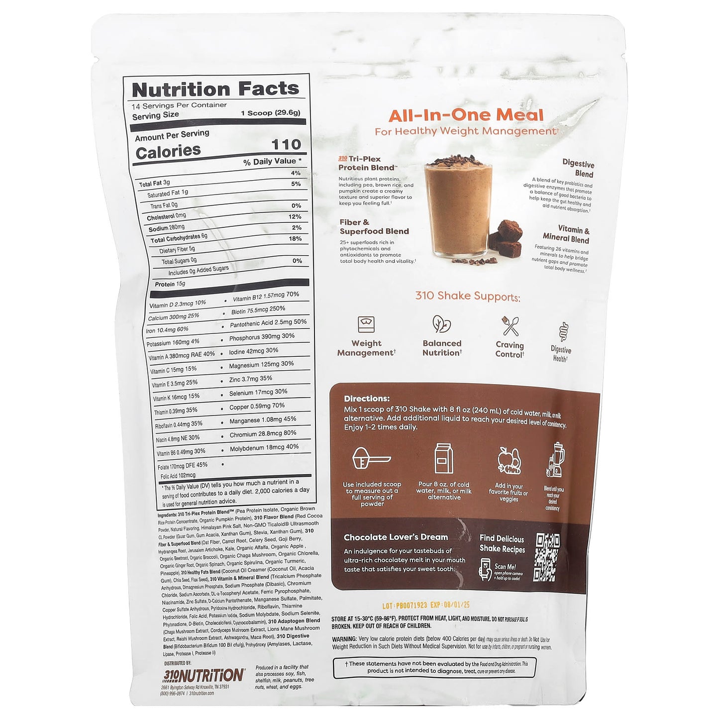 310 Nutrition Chocolate Bliss All-In-One Meal Shake, 14.6 oz (414.4g) - Image 2