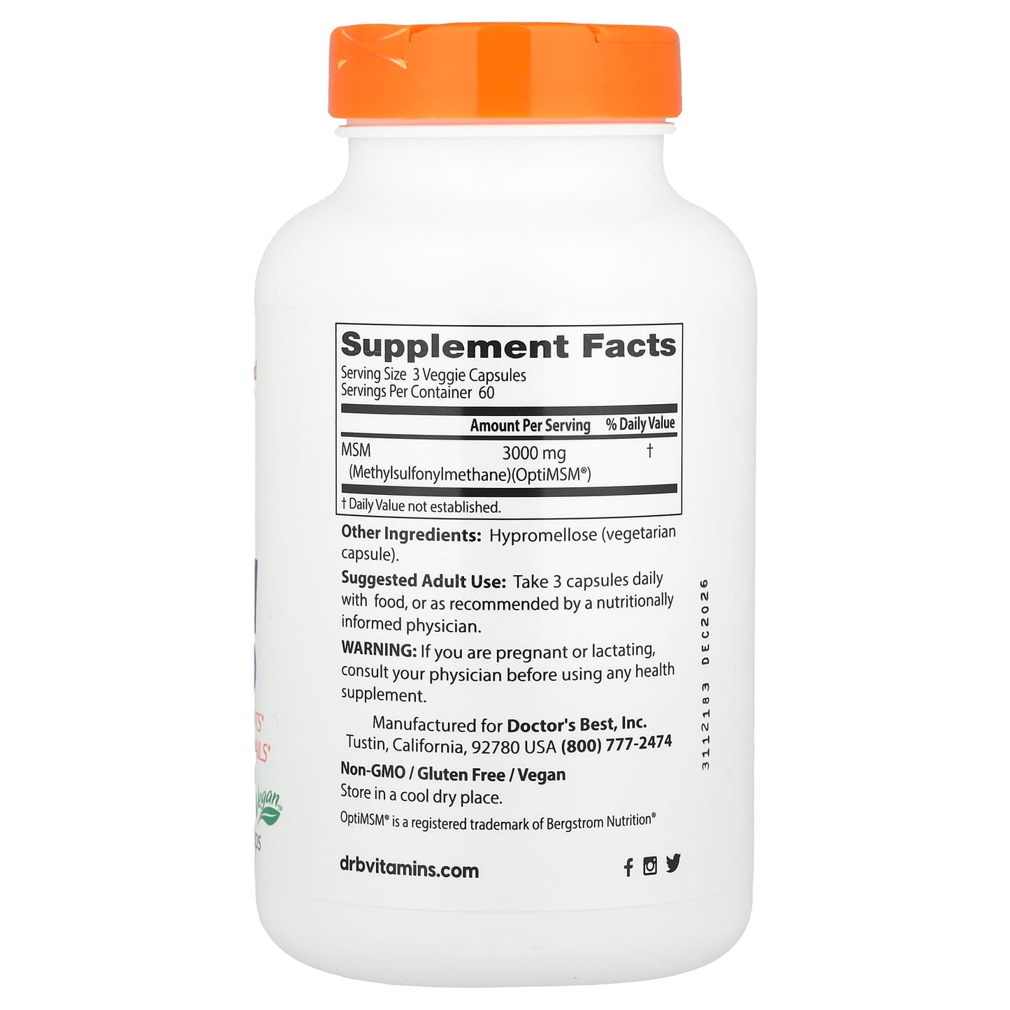Support Healthy Joints & Hair with Doctor's Best MSM 180 Veggie Caps - Image 2