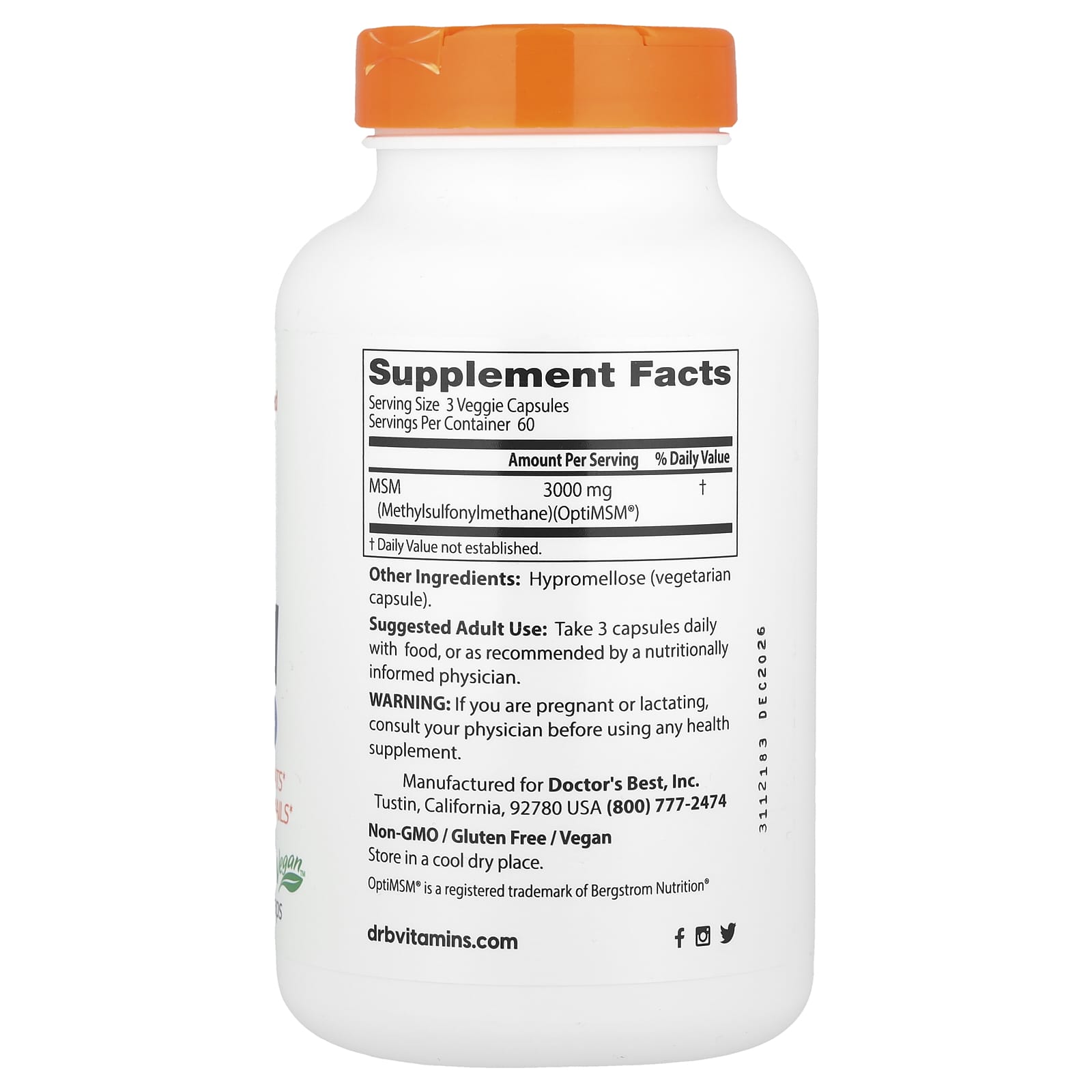 Support Healthy Joints & Hair with Doctor's Best MSM 180 Veggie Caps - Image 2