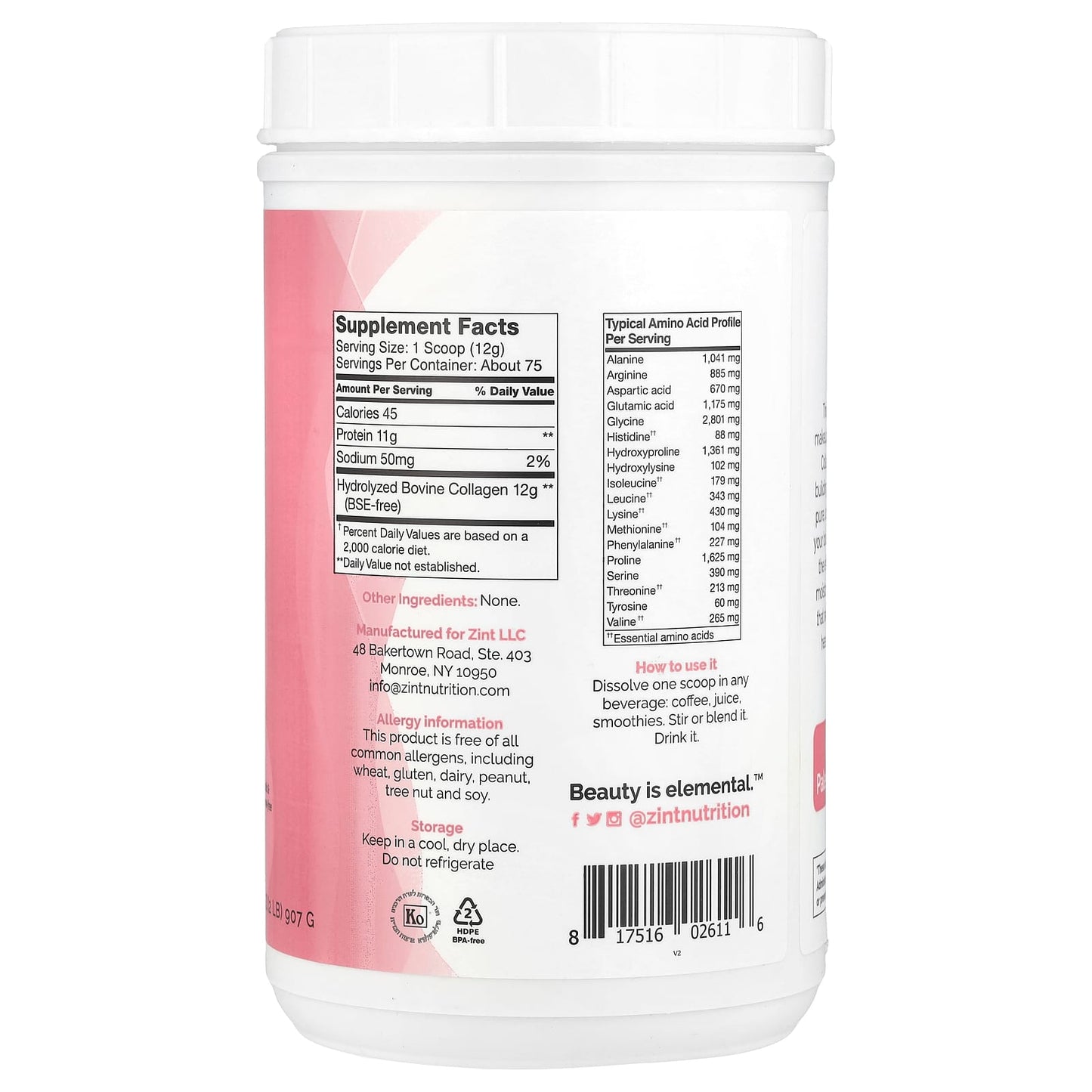 Zint, Pure Grass-Fed Collagen Peptides, Unflavored, Container, 32 oz (907 g) - Image 2
