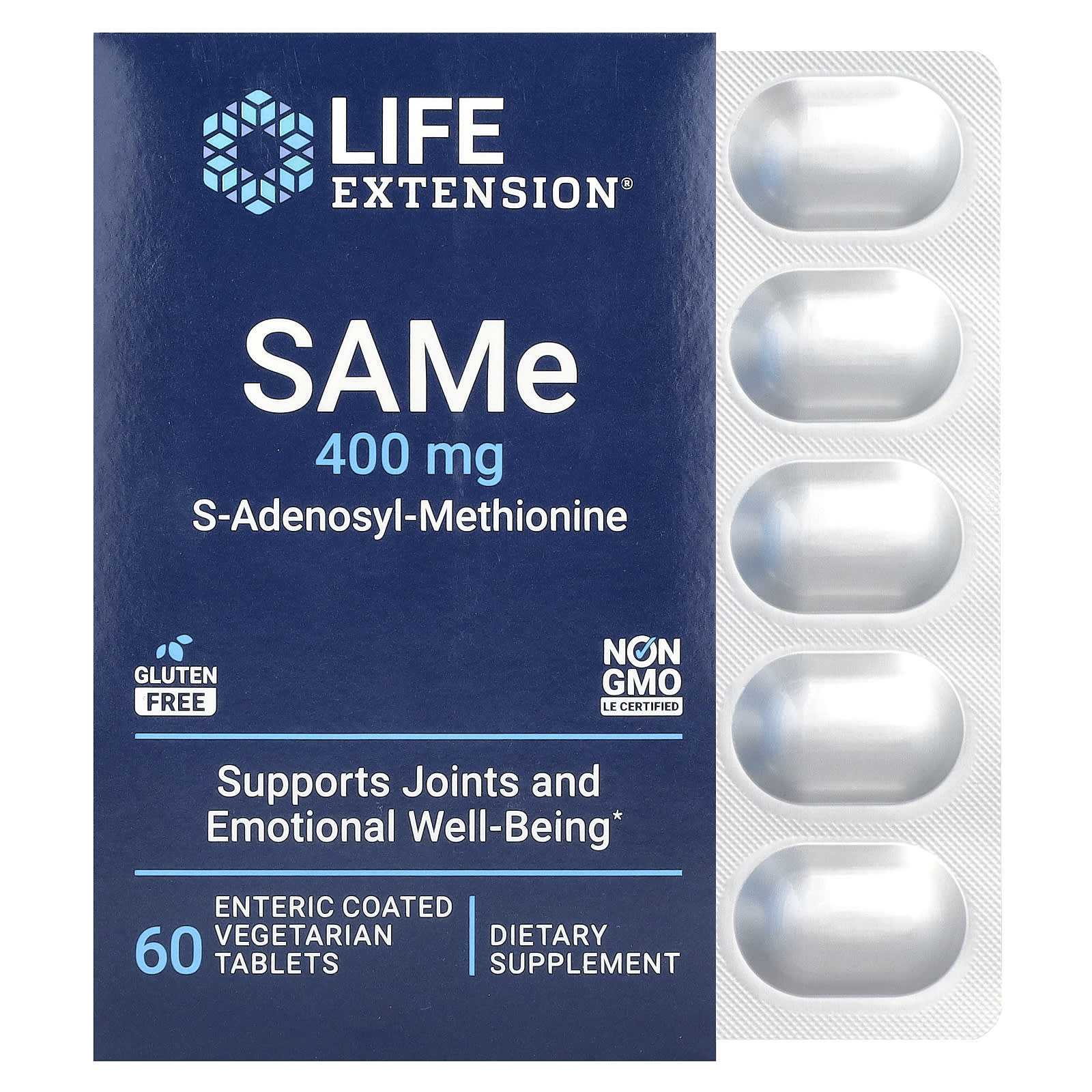 Life Extension, SAMe S-Adenosyl-Methionine, 400 mg, 60 Enteric Coated Vegetarian Tablets - Image 1