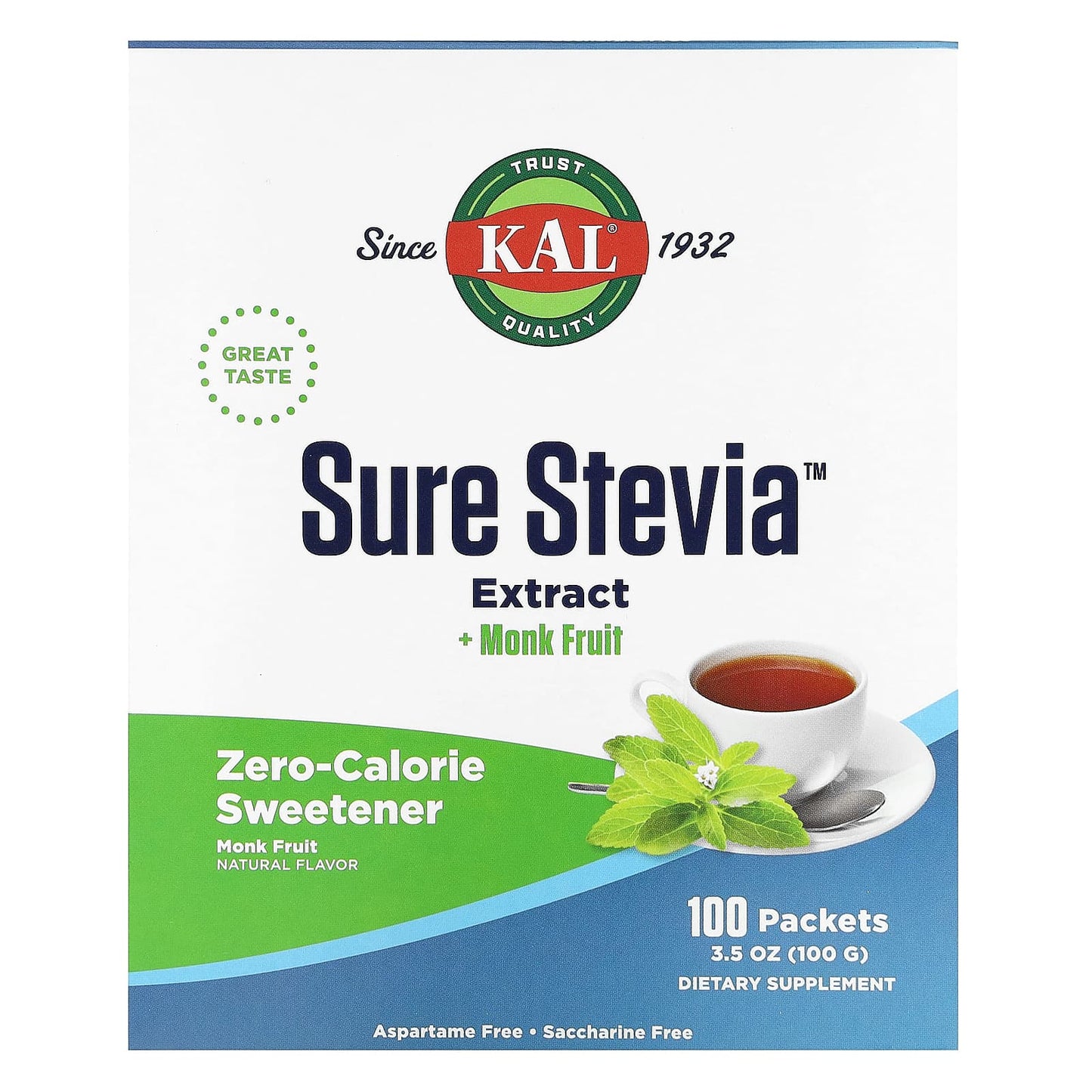 KAL, Sure Stevia Extract + Monk Fruit, 100 Packets, 3.5 oz (100 g) - Image 1