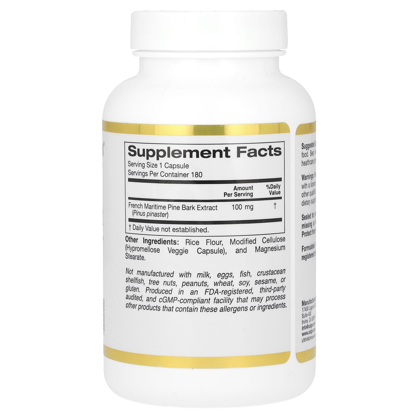 California Gold Nutrition French Maritime Pine Bark Extract 100mg 180 Veggie Capsules - Image 2