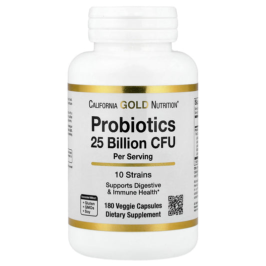 California Gold Nutrition Probiotics 10 Strain Blend, 25 Billion CFU, 180 Veggie Capsules - Image 1