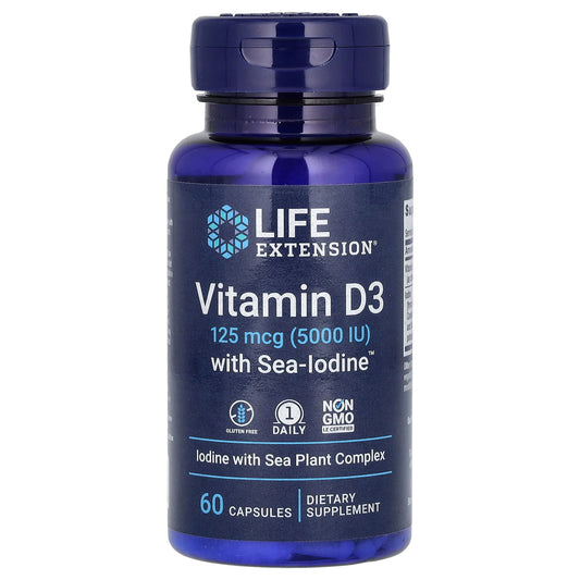Life Extension, Vitamin D3 with Sea-Iodine, 125 mcg (5,000 IU), 60 Capsules - Image 1