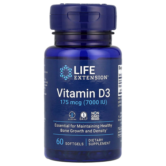 Life Extension, Vitamin D3, 175 mcg (7,000 IU), 60 Softgels - Image 1