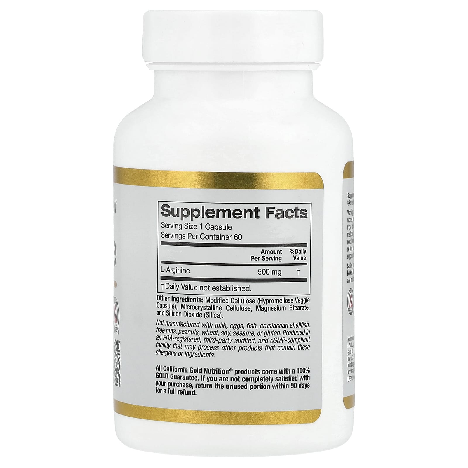 L-Arginine Supplement by California Gold Nutrition, 500mg, 60 Veggie Capsules - Image 2