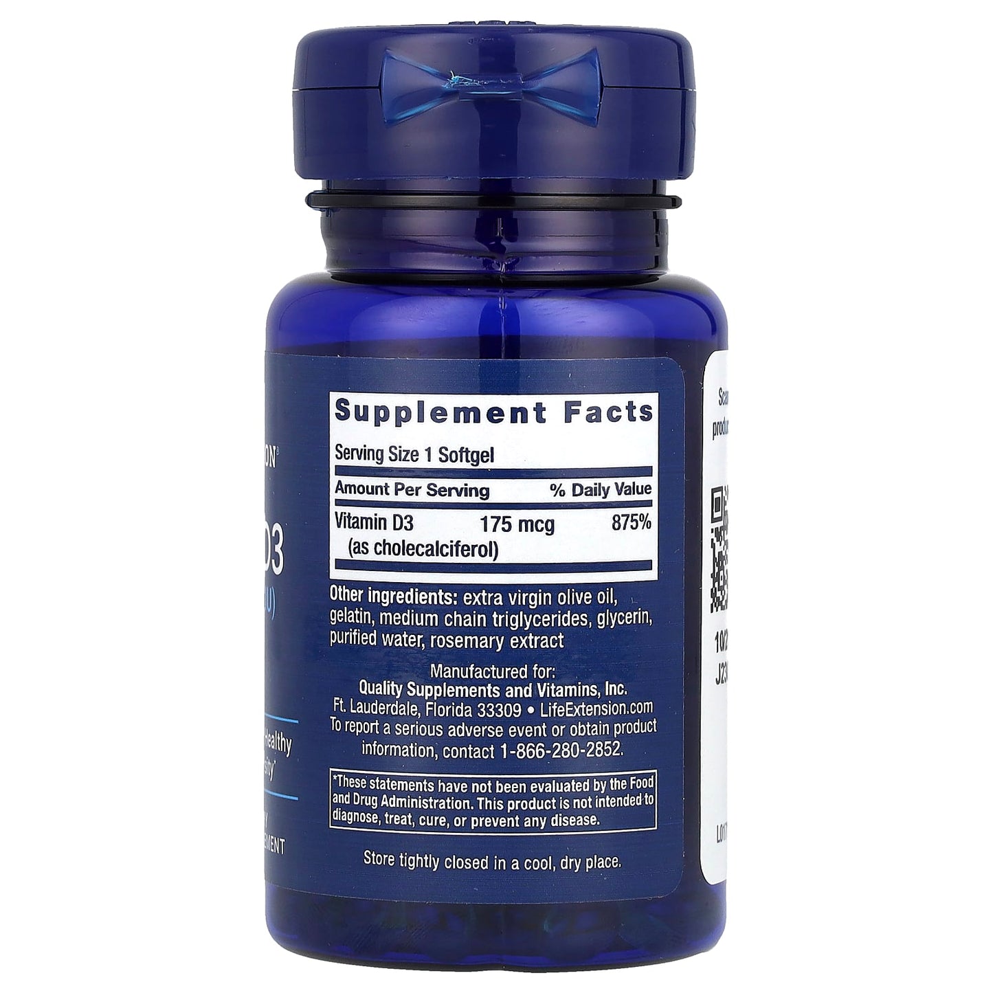Life Extension, Vitamin D3, 175 mcg (7,000 IU), 60 Softgels - Image 2