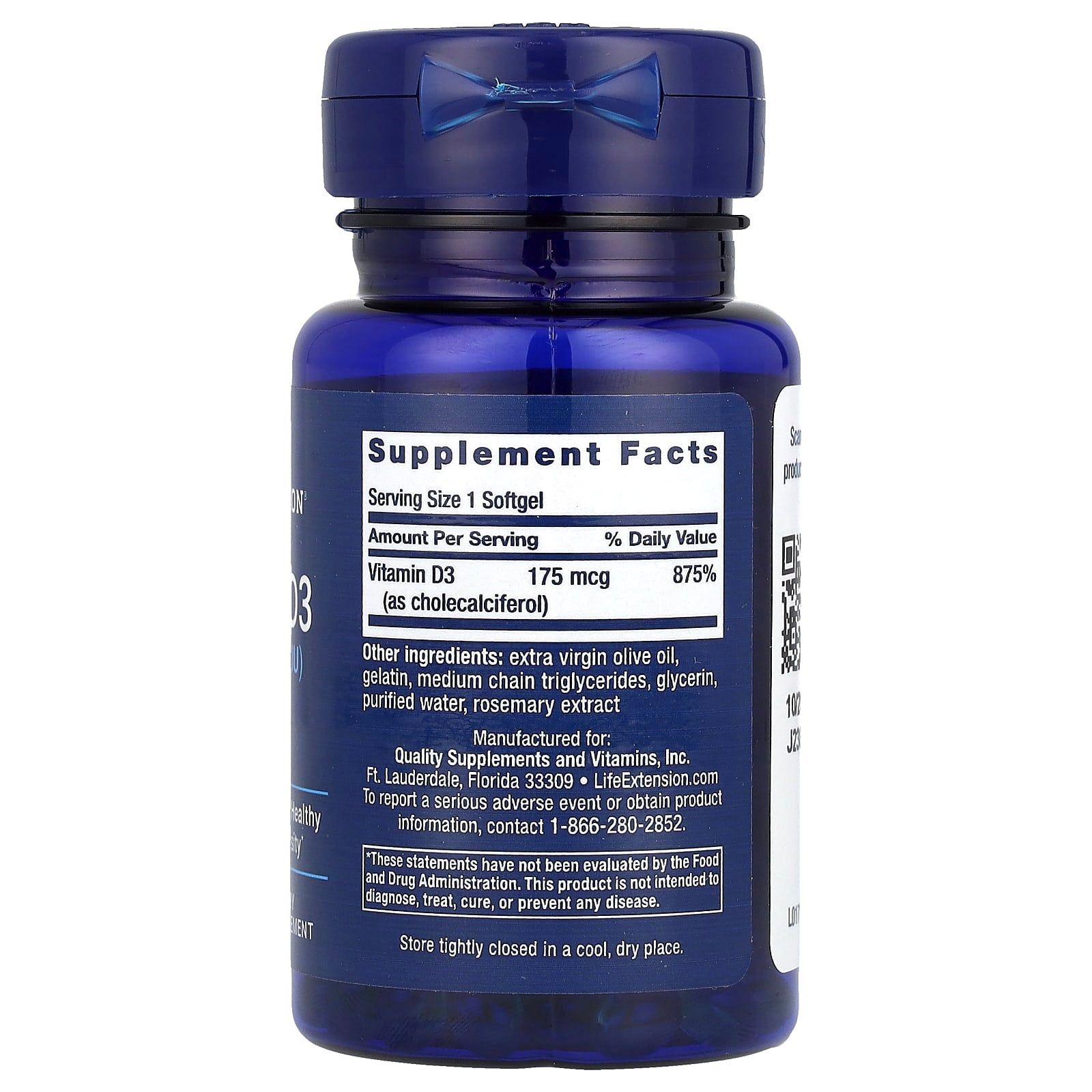 Life Extension, Vitamin D3, 175 mcg (7,000 IU), 60 Softgels - Image 2
