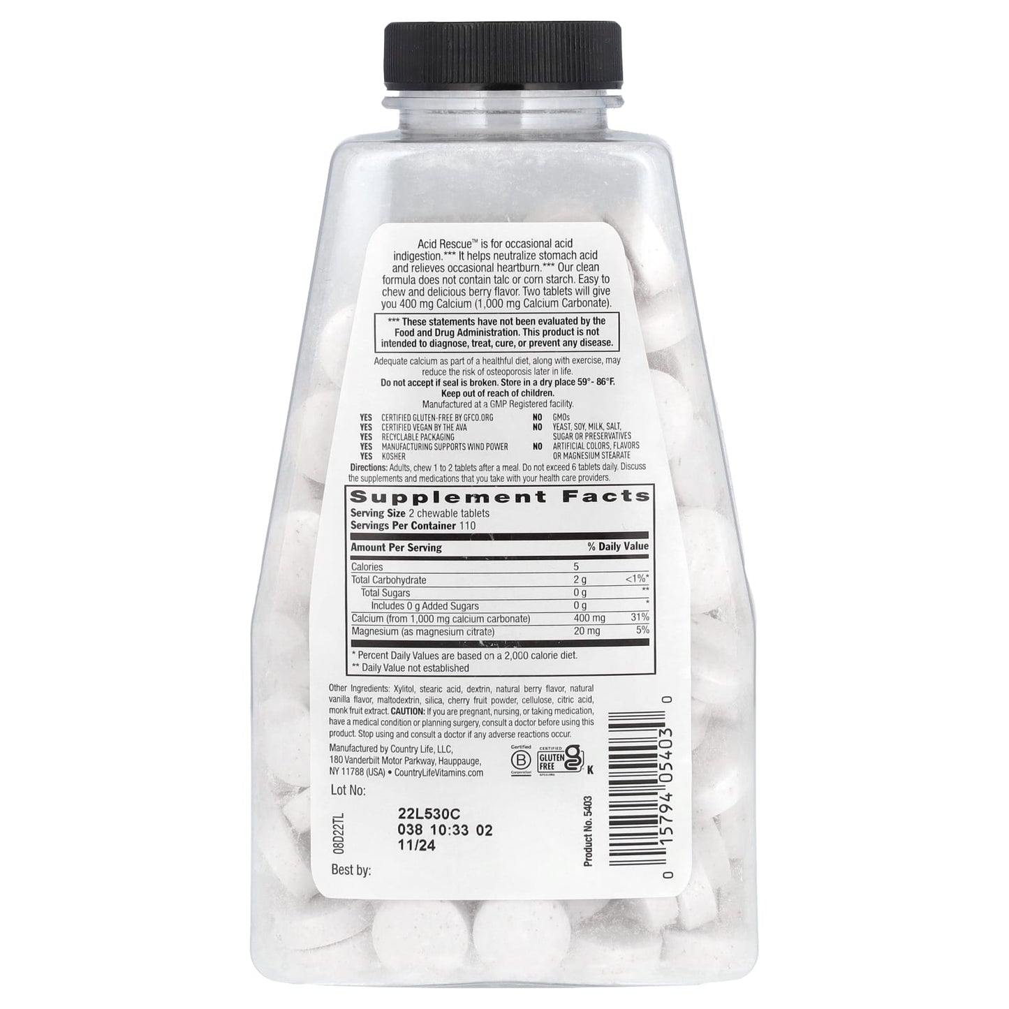 Country Life Acid Rescue Calcium Carbonate Berry 220 Chewable Tablets - Image 2