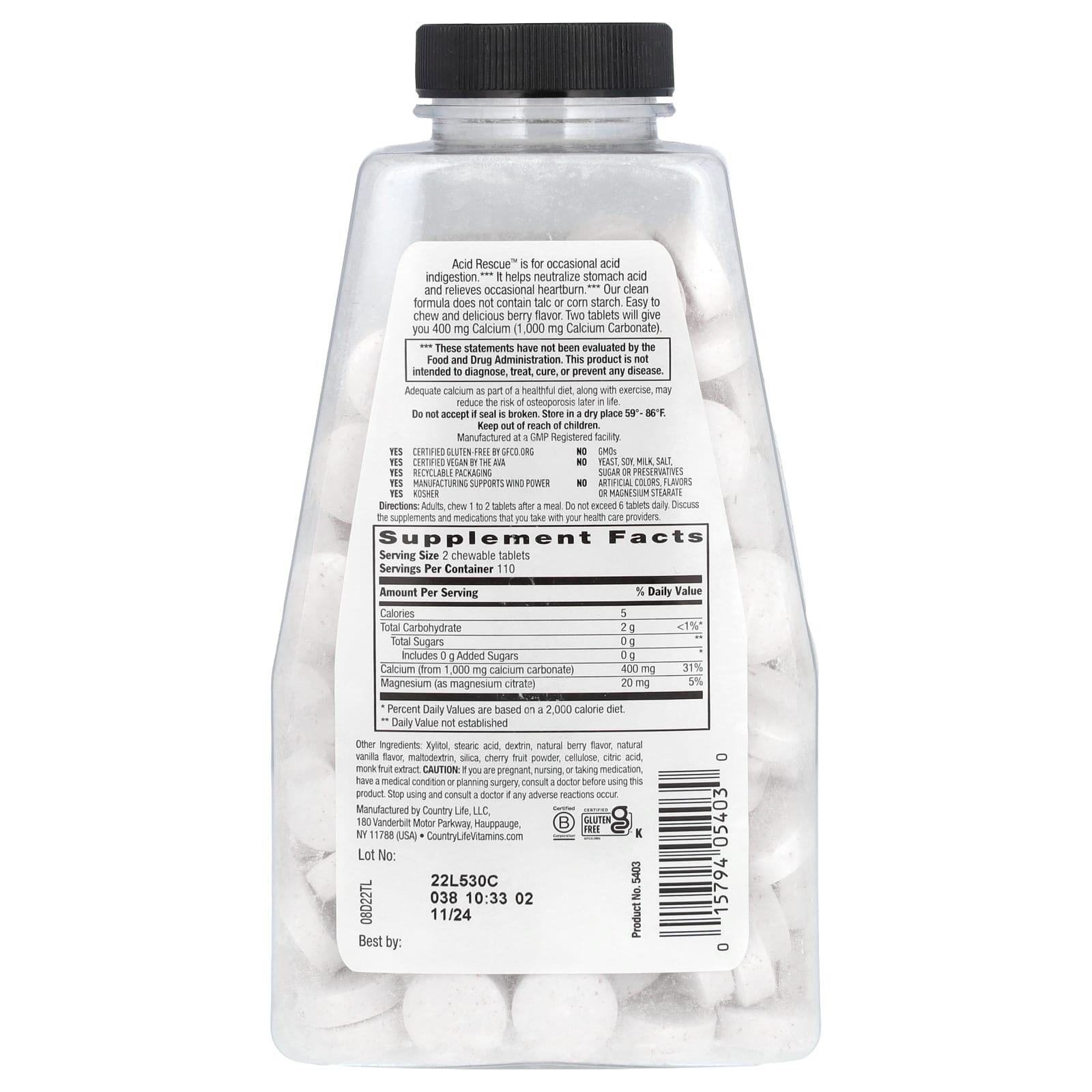 Country Life Acid Rescue Calcium Carbonate Berry 220 Chewable Tablets - Image 2