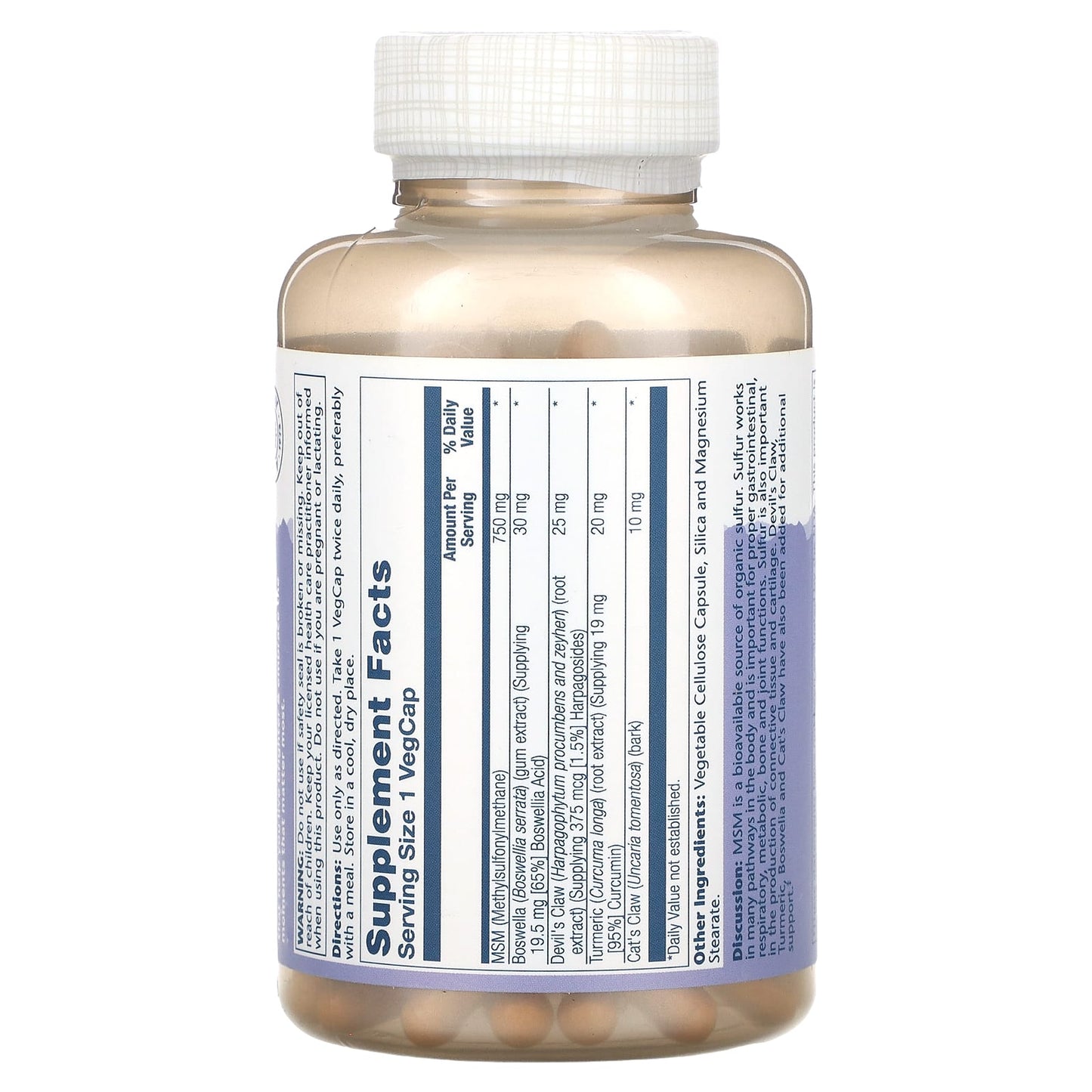 Solaray, MSM with Turmeric, Boswellia & Devil's Claw, 750 mg, 180 VegCaps - Image 2