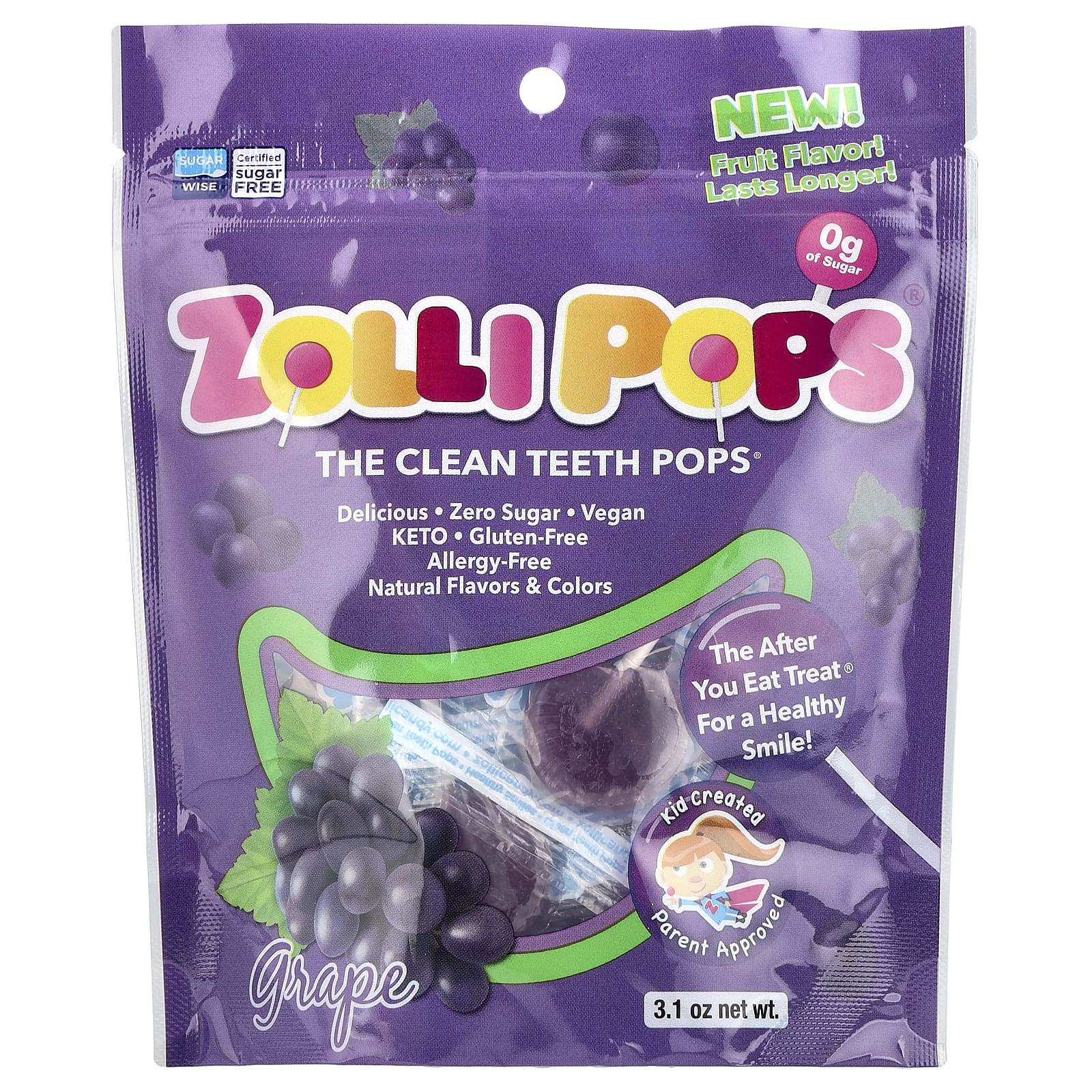 Zollipops, The Clean Teeth Pops®, Grape, 3.1 oz