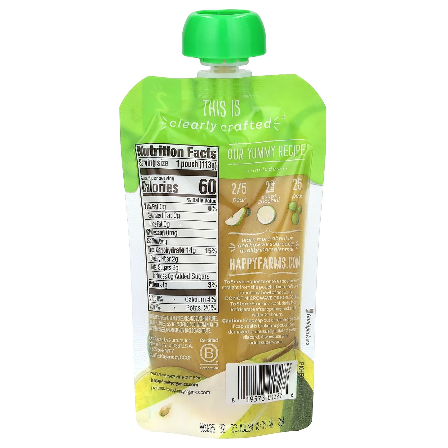 Happy Family Organics USDA Organic Baby Food, 6+ Months, Pears, Zucchini & Peas - Image 2