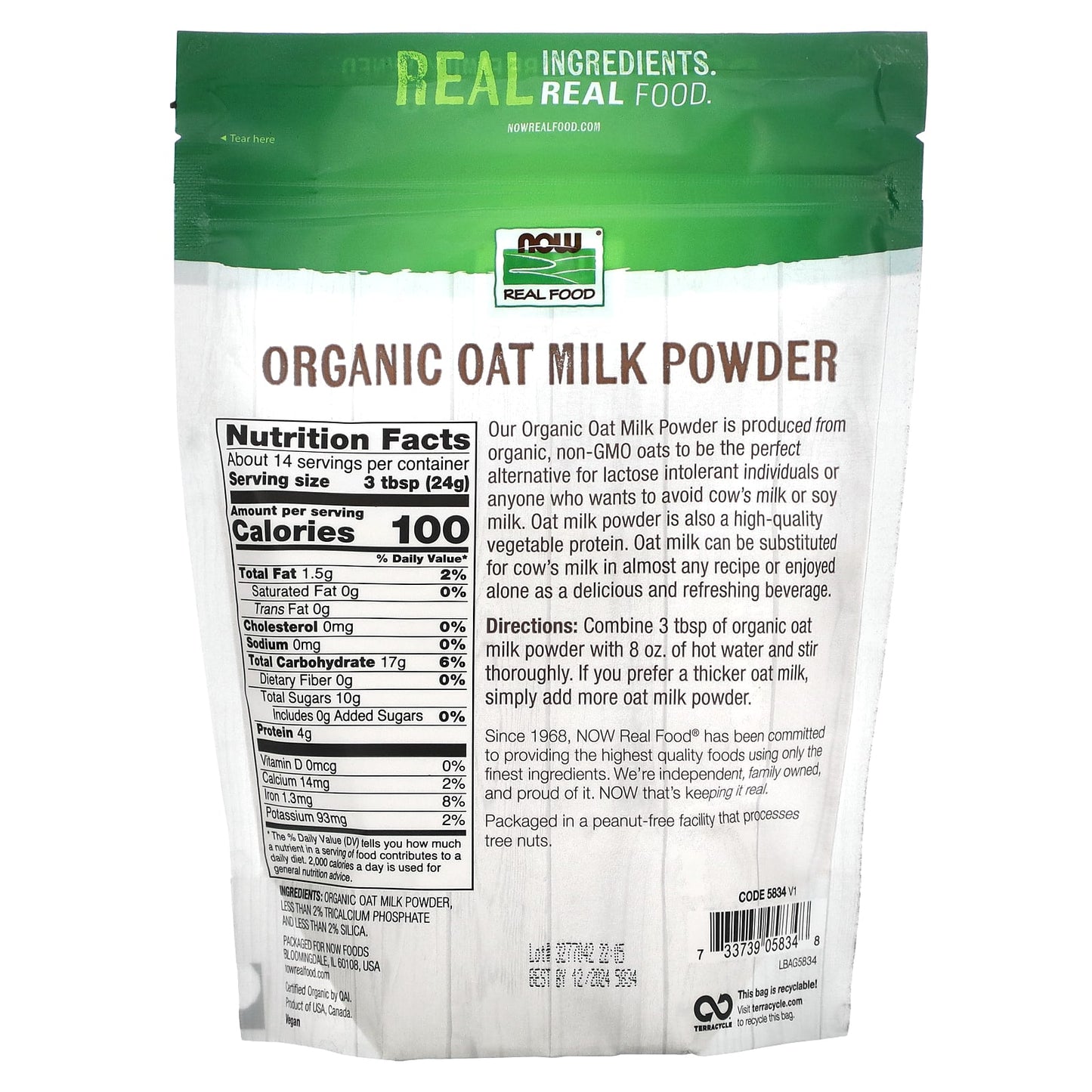 NOW Foods, Real Food, Organic Oat Milk Powder, 12 oz (340 g) - Image 2