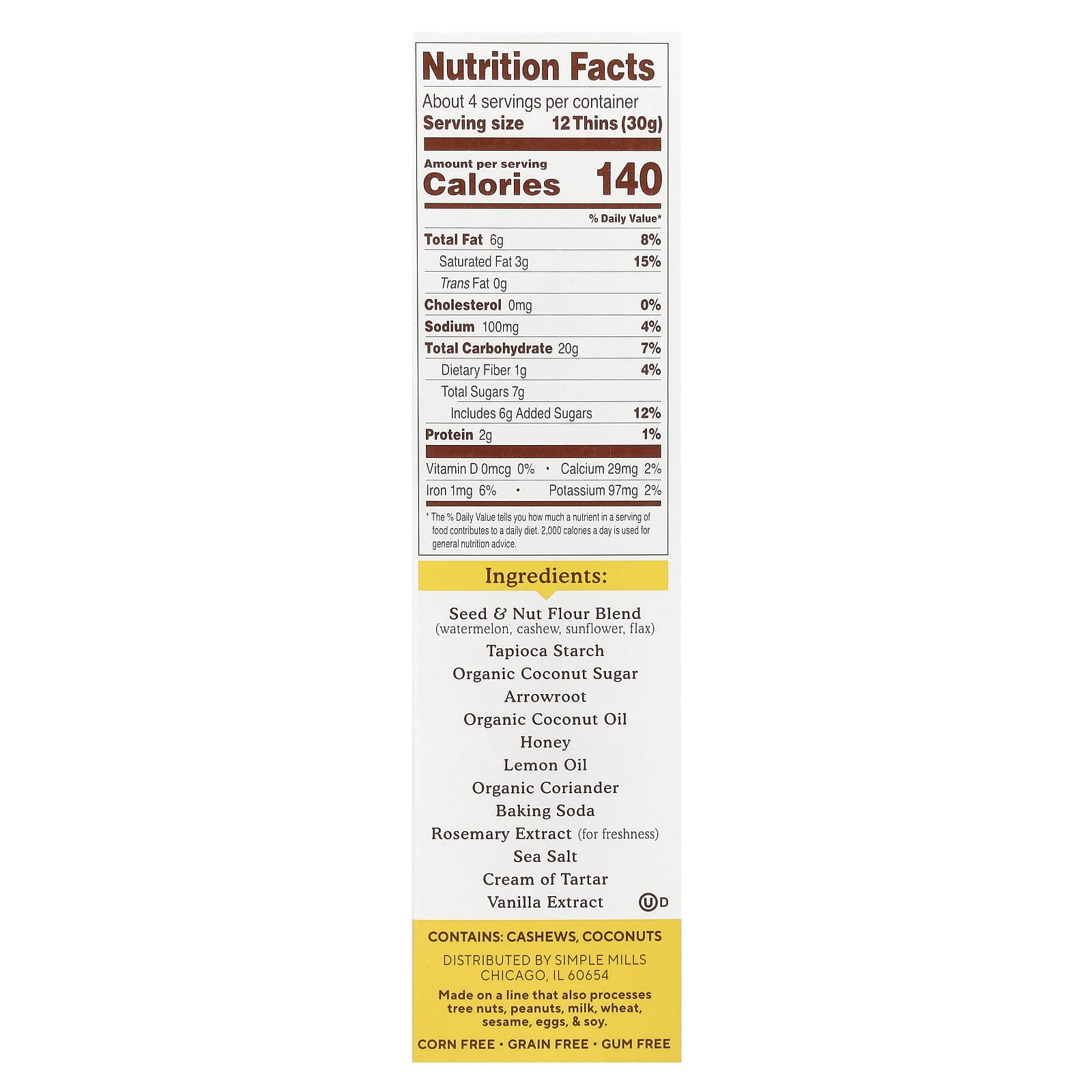Simple Mills, Seed & Nut Flour Sweet Thins, Lemon, 4.25 oz (120 g) - Image 2