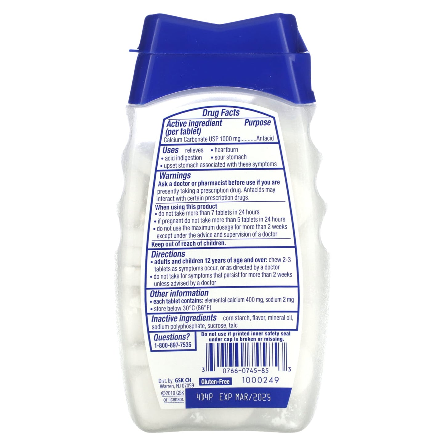 Tums, Ultra Strength Antacid, Peppermint, 72 Chewable Tablets (1,000 mg per Tablet) - Image 2