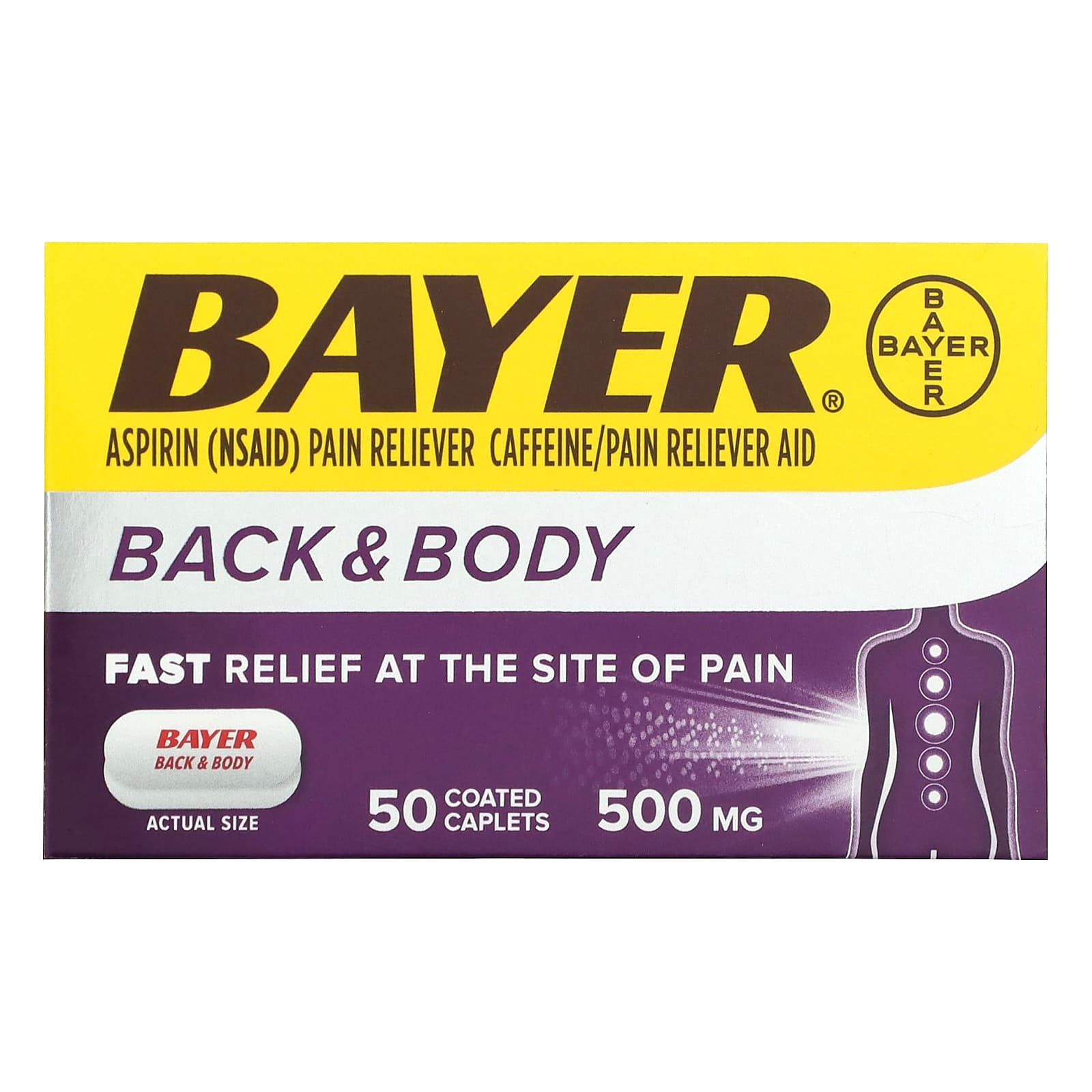 Bayer Back & Body Pain Reliever, 500mg, 50 Coated Caplets for Fast Relief - Image 1