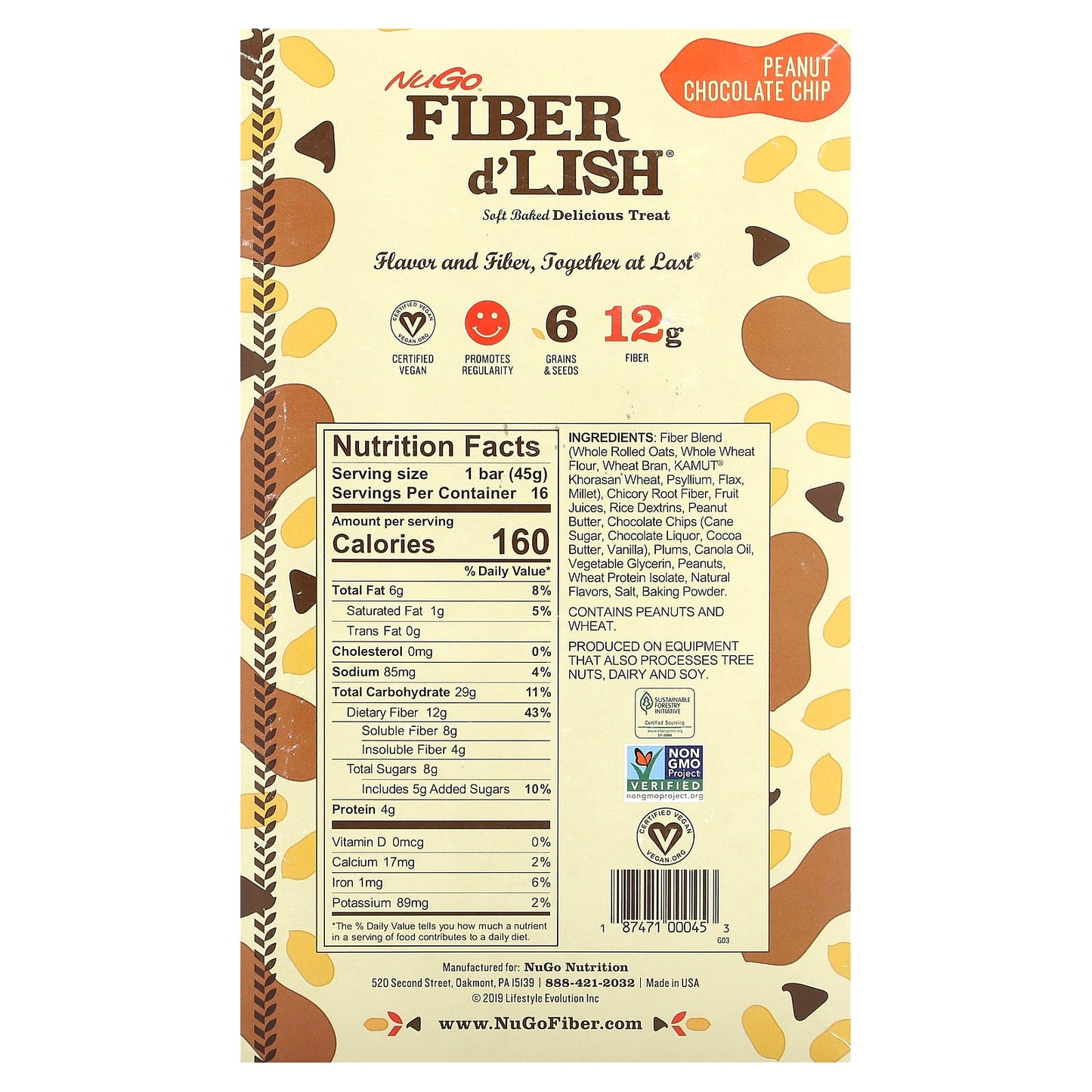 NuGo Nutrition, Fiber d'Lish, Peanut Chocolate Chip, 16 Bars 1.6 oz (45 g) Each - Image 2