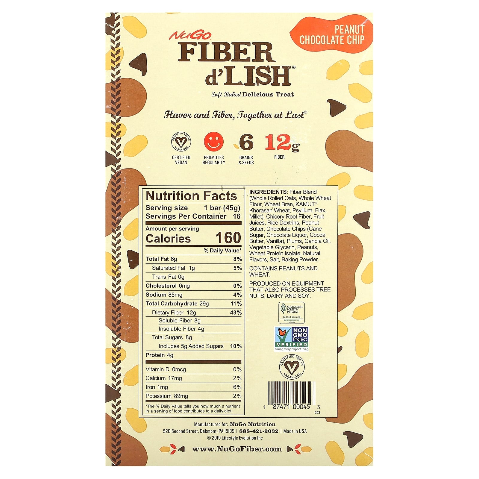 NuGo Nutrition, Fiber d'Lish, Peanut Chocolate Chip, 16 Bars 1.6 oz (45 g) Each - Image 2