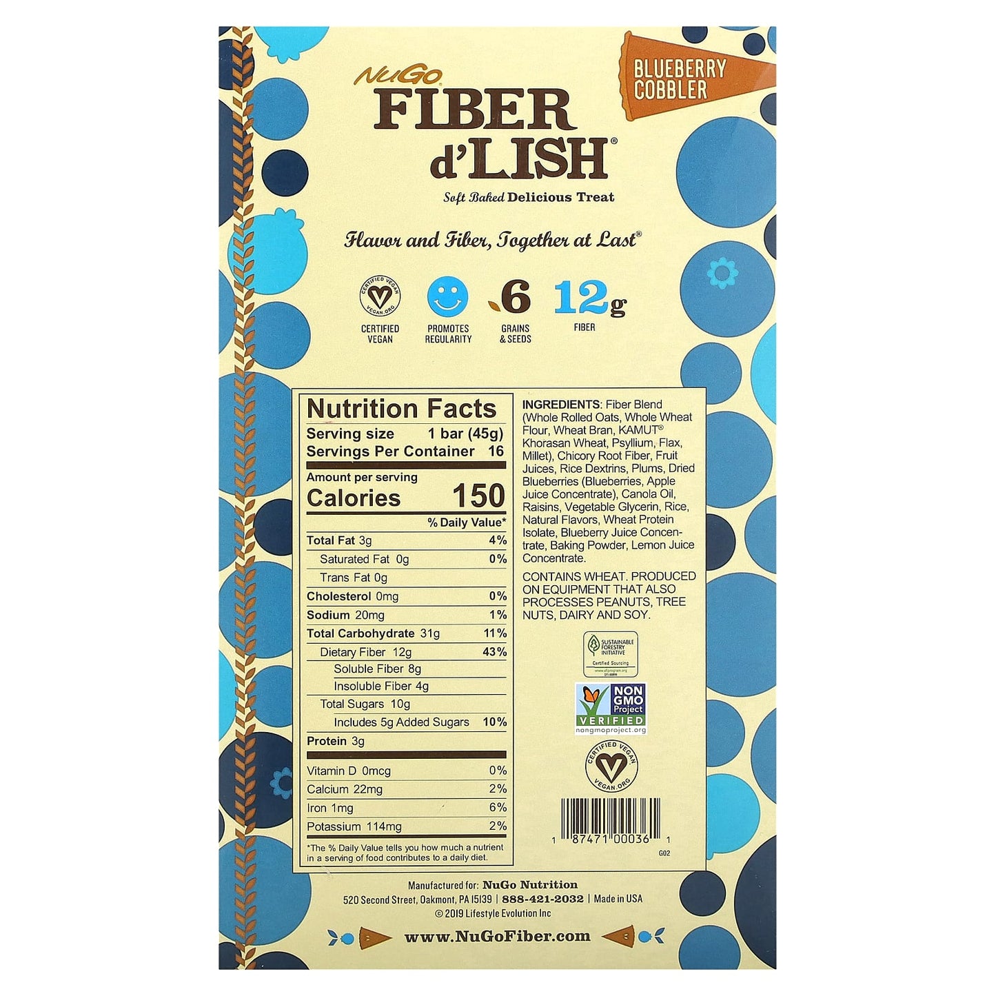 NuGo Nutrition, Fiber d'Lish, Blueberry Cobbler, 16 Bars 1.6 oz (45 g) Each - Image 2