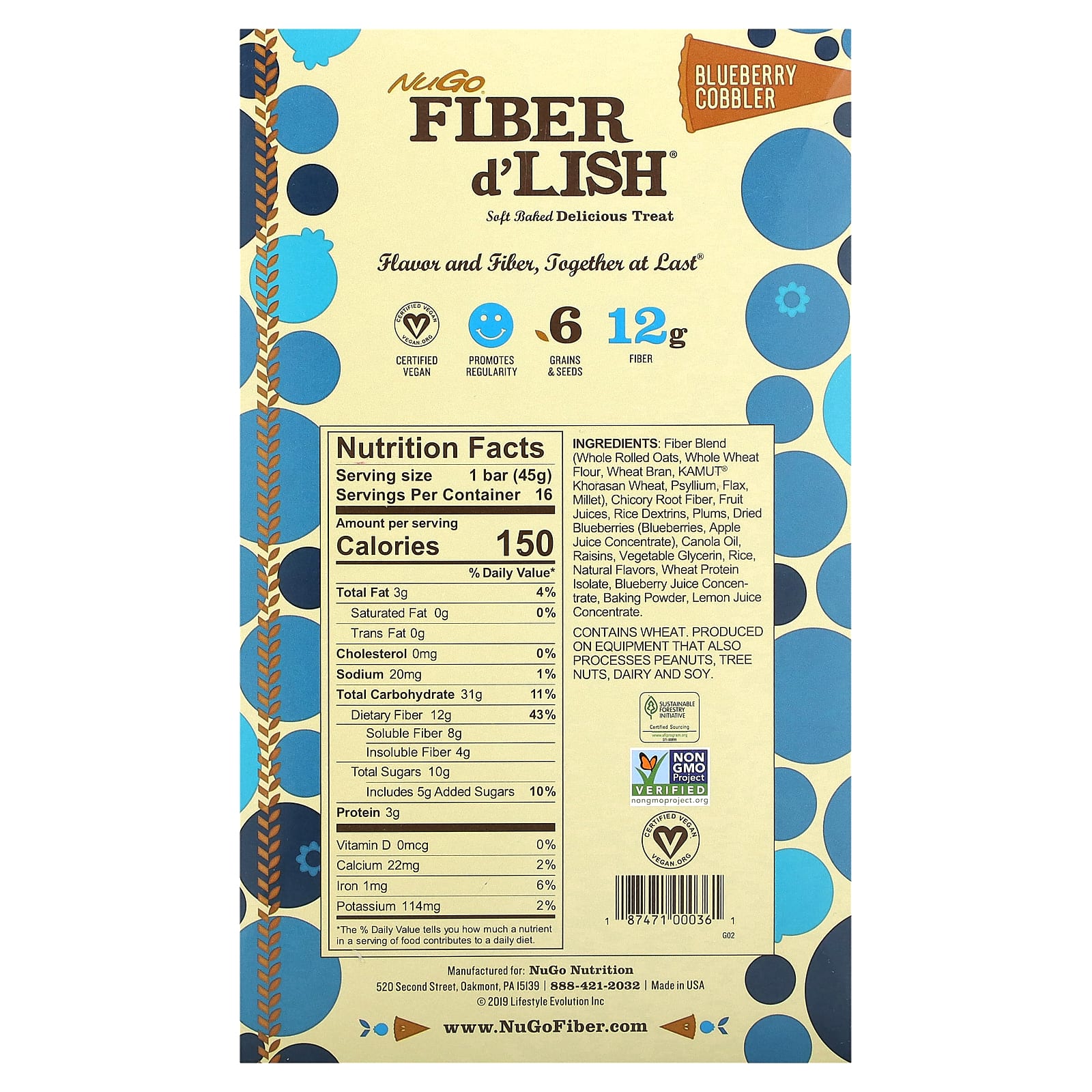 NuGo Nutrition, Fiber d'Lish, Blueberry Cobbler, 16 Bars 1.6 oz (45 g) Each - Image 2