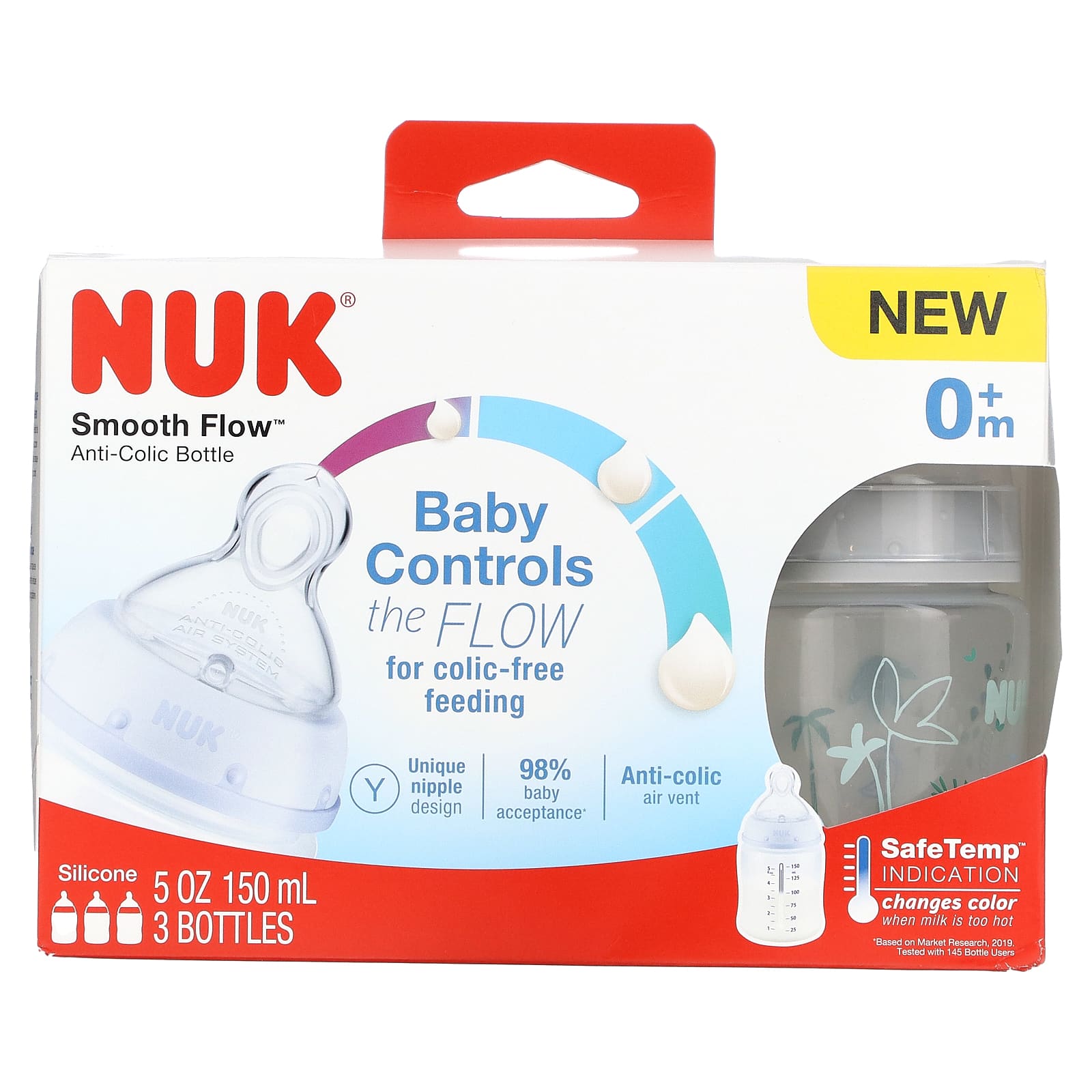 NUK, Smooth Flow, Anti-Colic Bottle, 0+ Months, 3 Bottles, 5 oz (150 ml) Each - Image 1