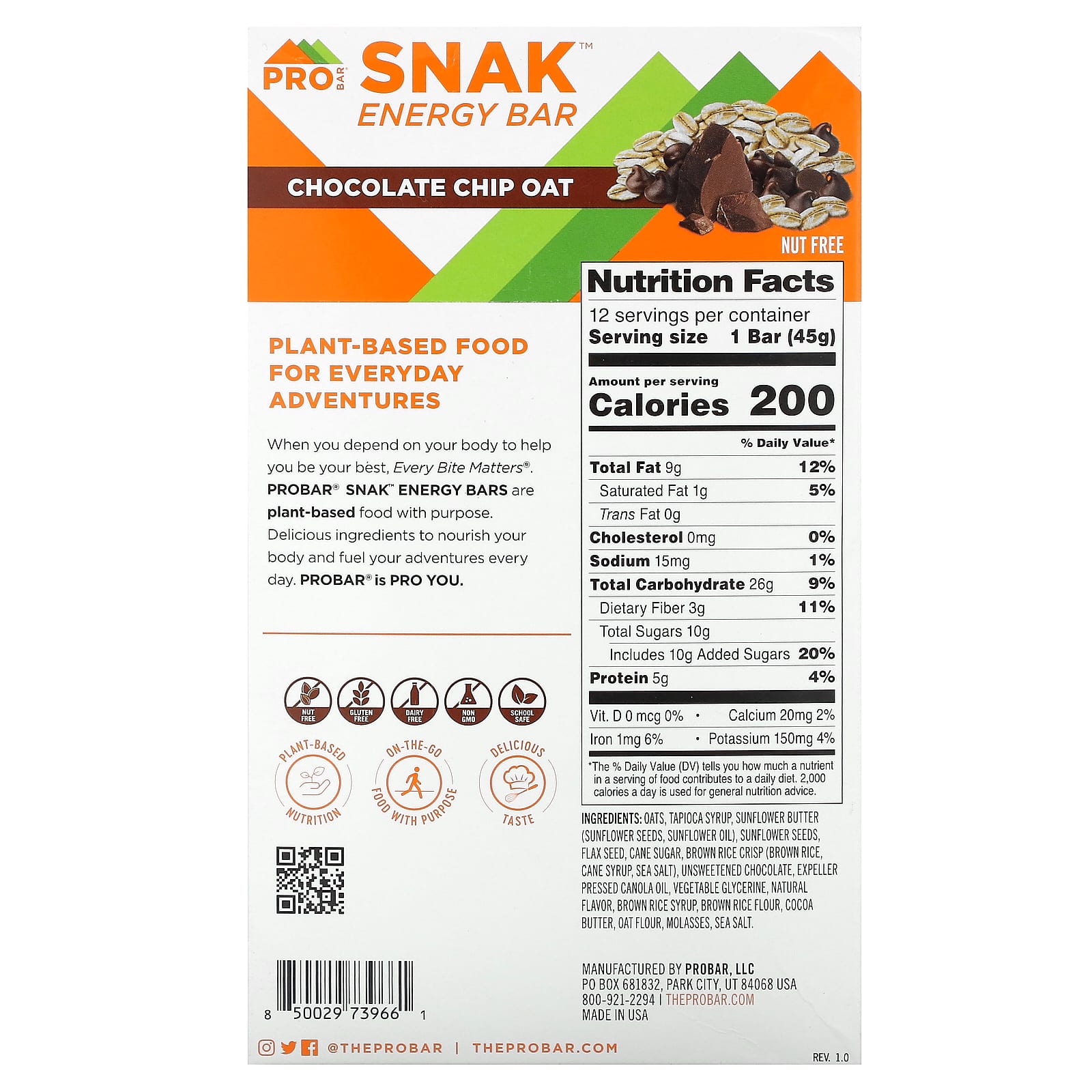 ProBar, SNAK™, Energy Bar, Chocolate Chip Oat, 12 Bars, 1.6 oz (45 g) Each - Image 2