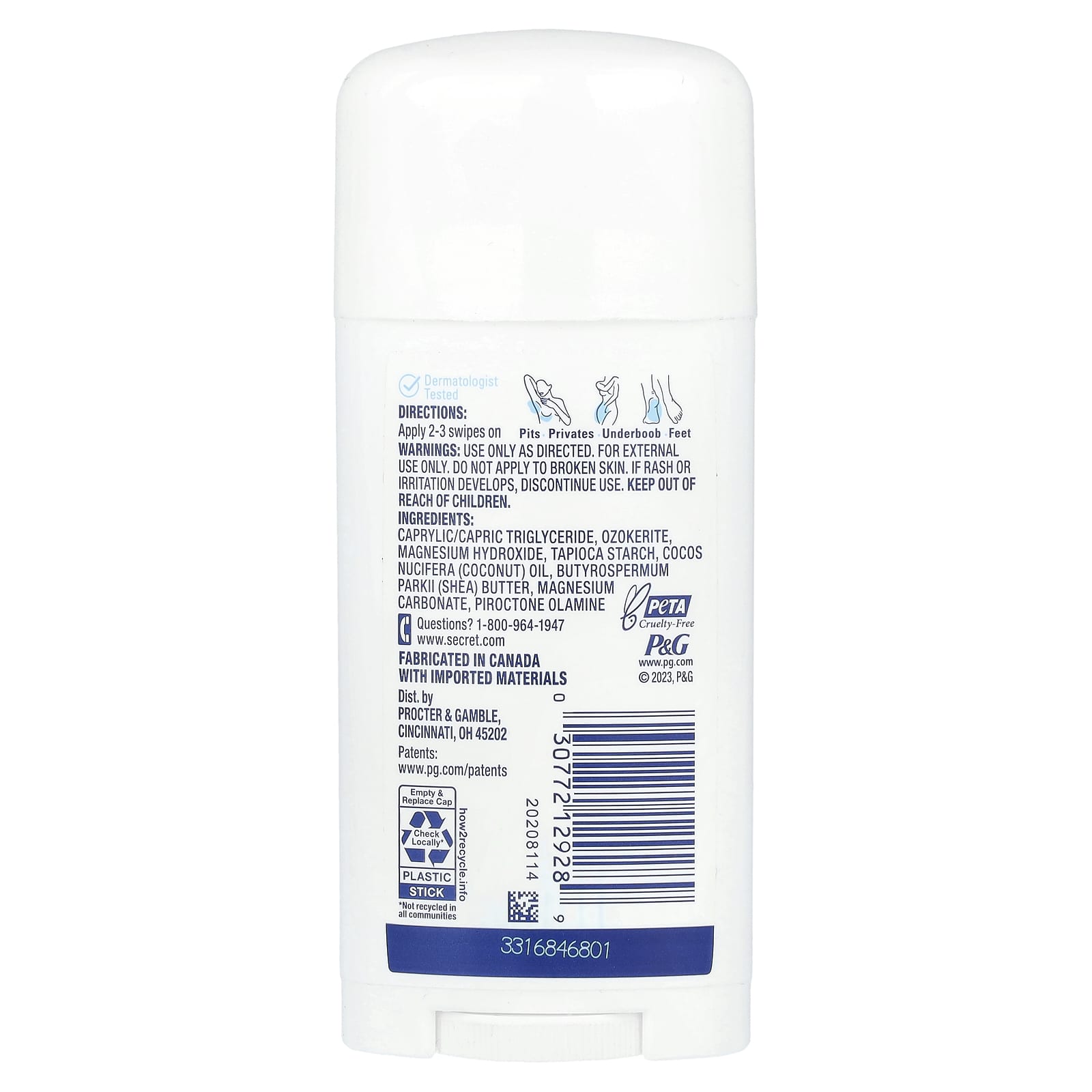 Secret, Whole Body Deodorant, Aluminum Free Dry Solid, Unscented , 2.4 oz (68 g) - Image 2